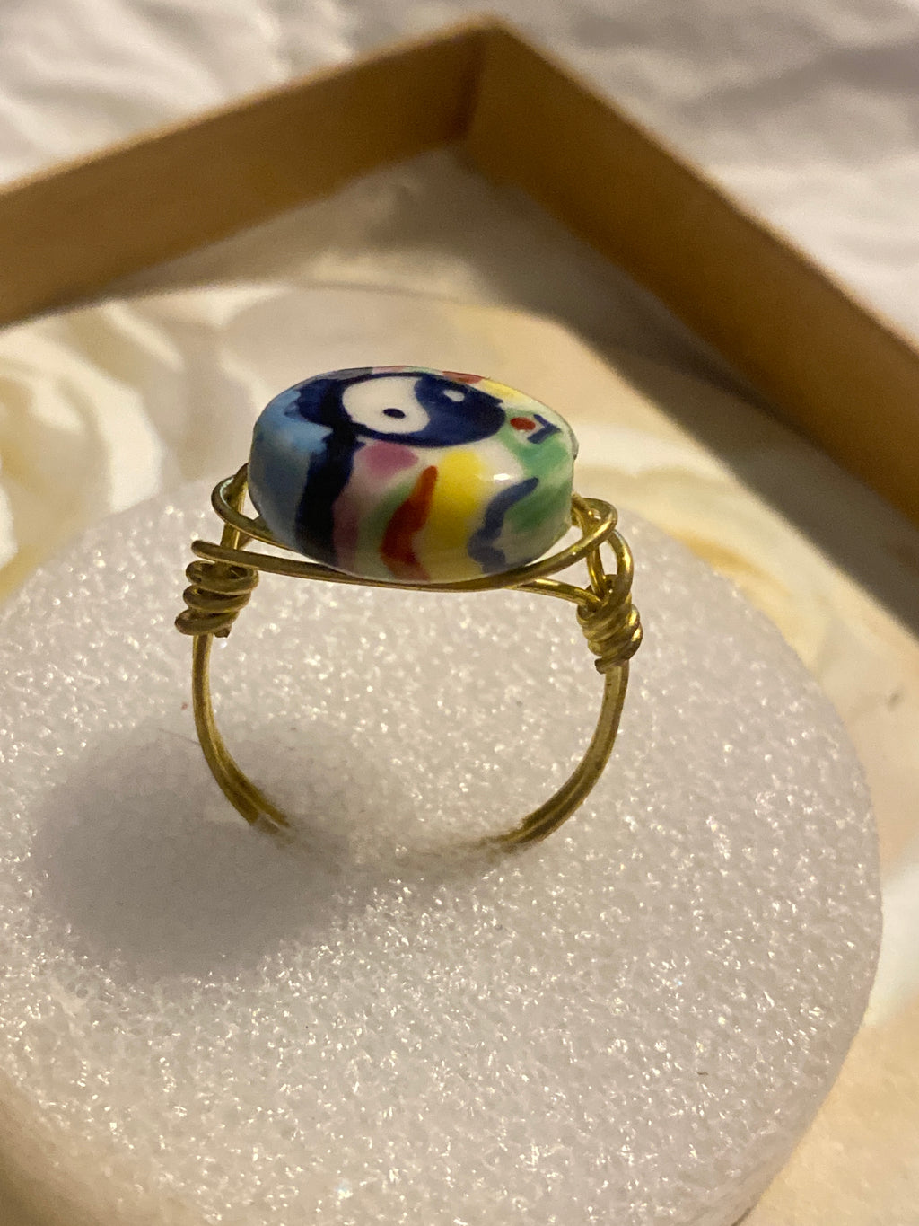Hand Made Wire Ring Yen and Yang Bead