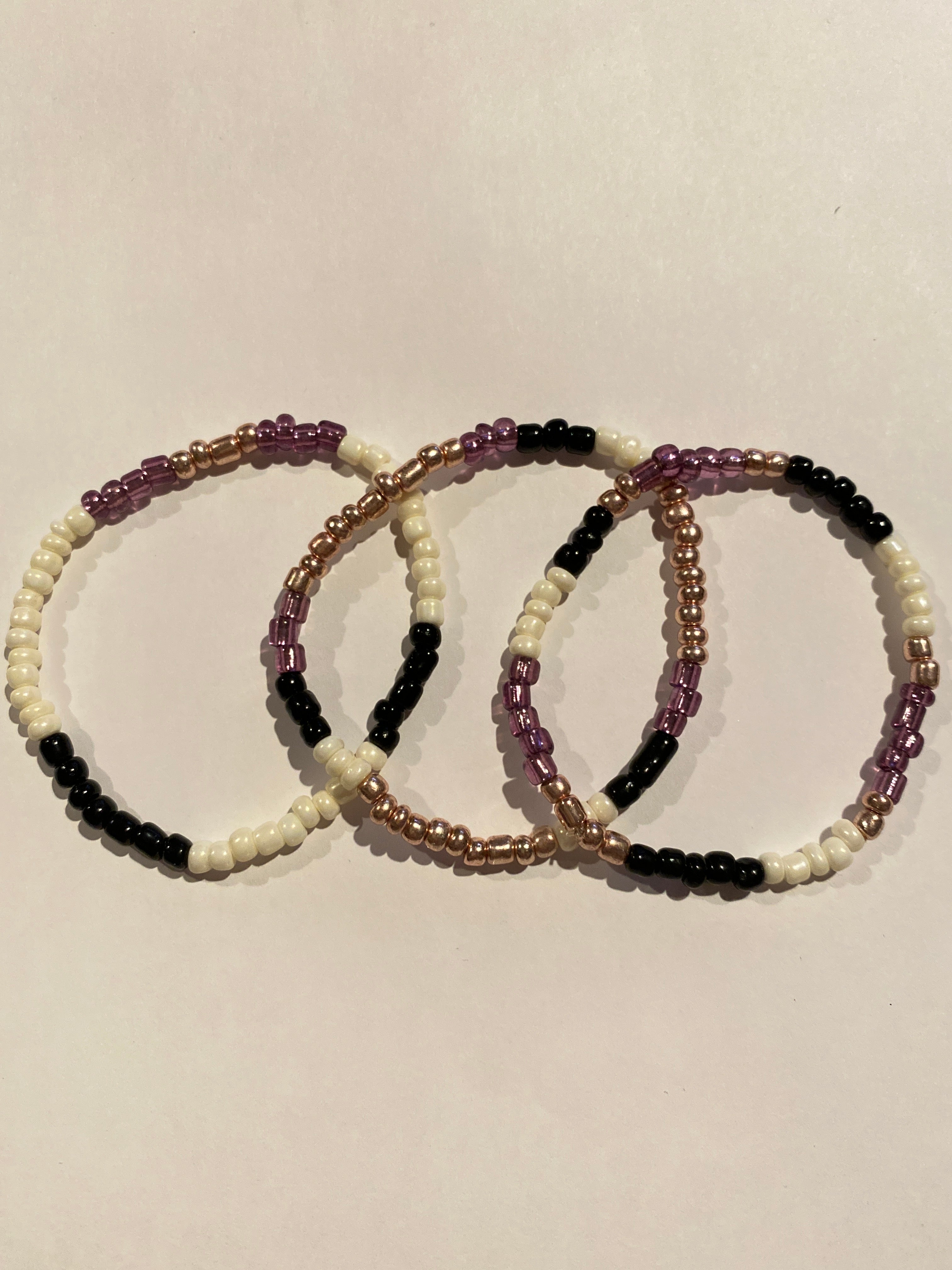 Stacking Bead Bracelet set of 3 Purple, Black and White can be worn alone or together