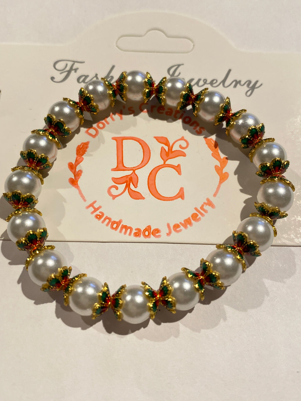 Pearl Bead Bracelet White with Gold, Green and Red accent