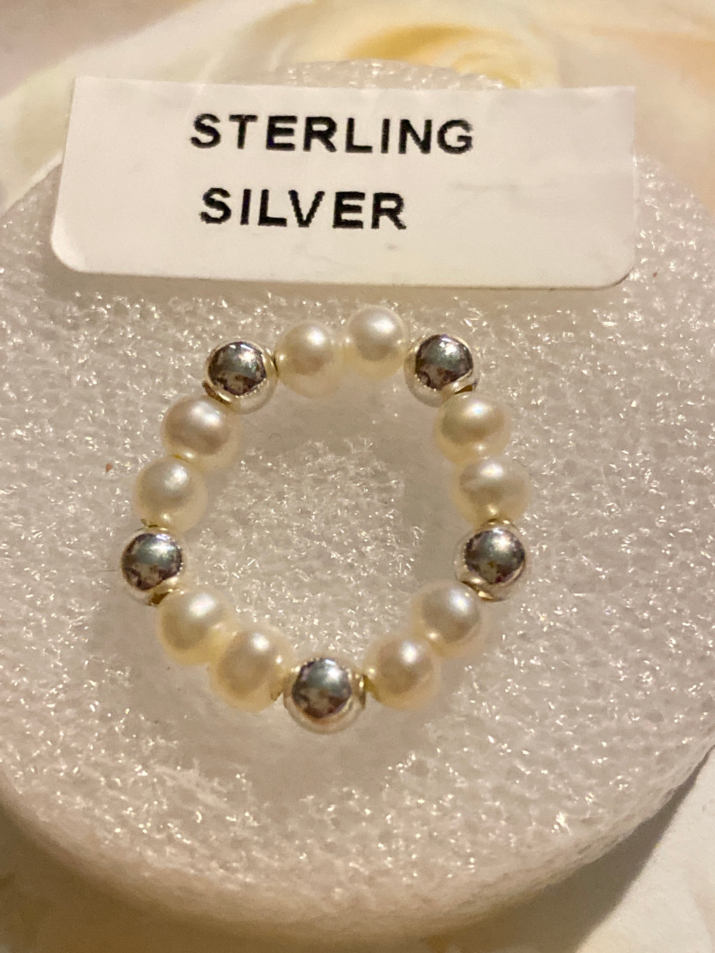 Hand Made Stretch Ring Sterling and Pearl Beads