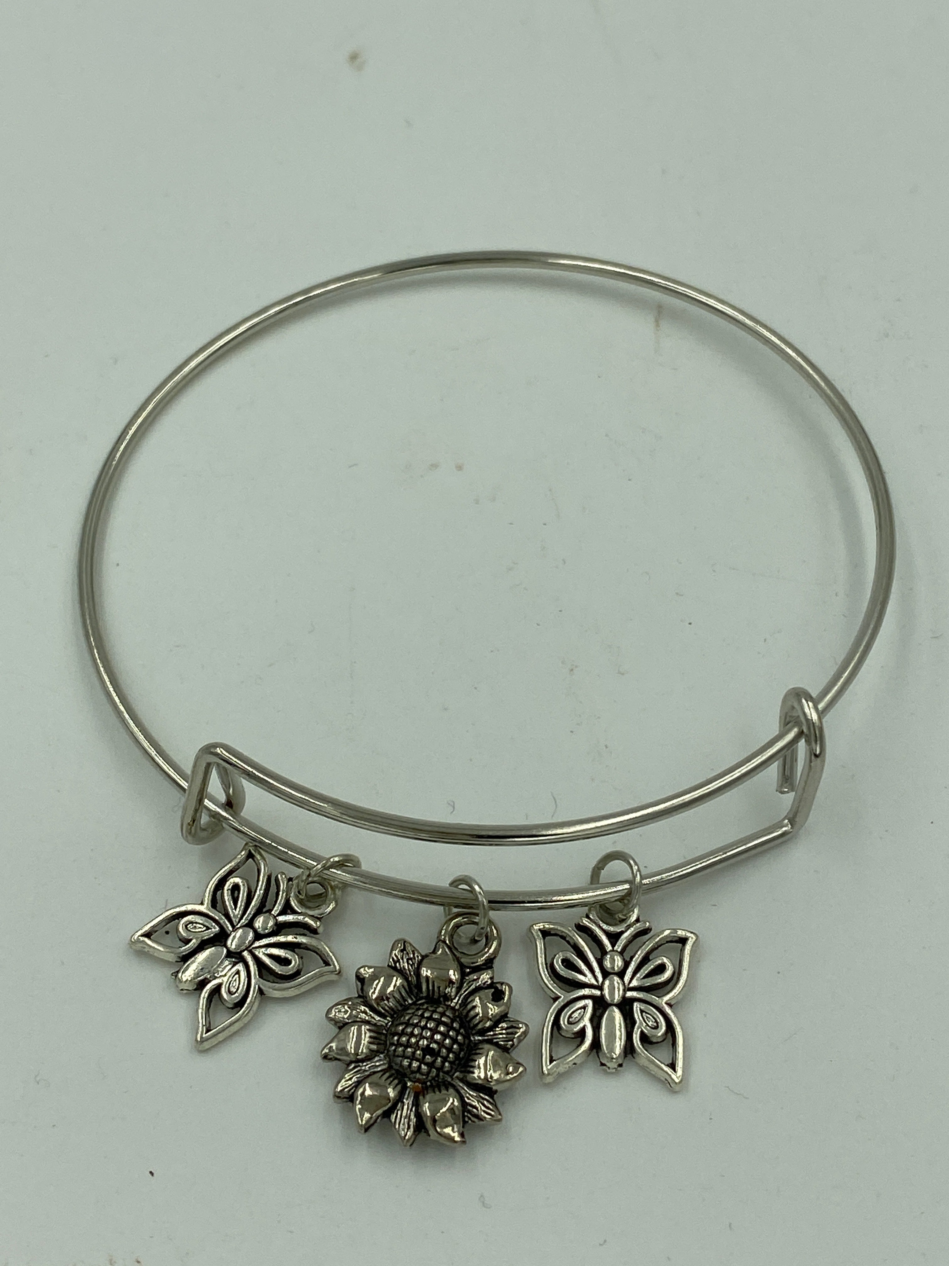 Bangle Charm Bracelet Silver ToneButterflies and Flower
