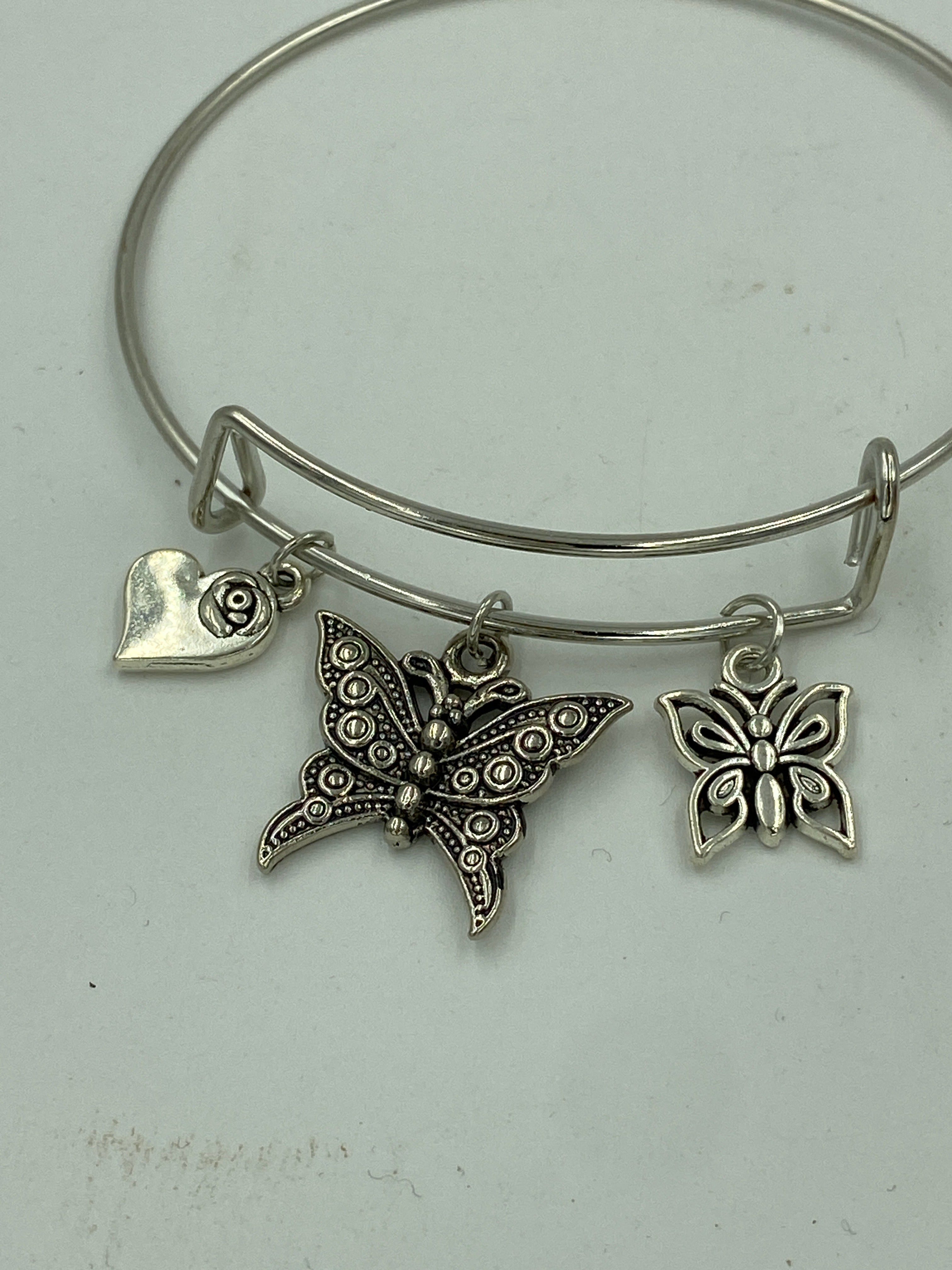 Bangle Charm Bracelet Silver Tone Butterflies
