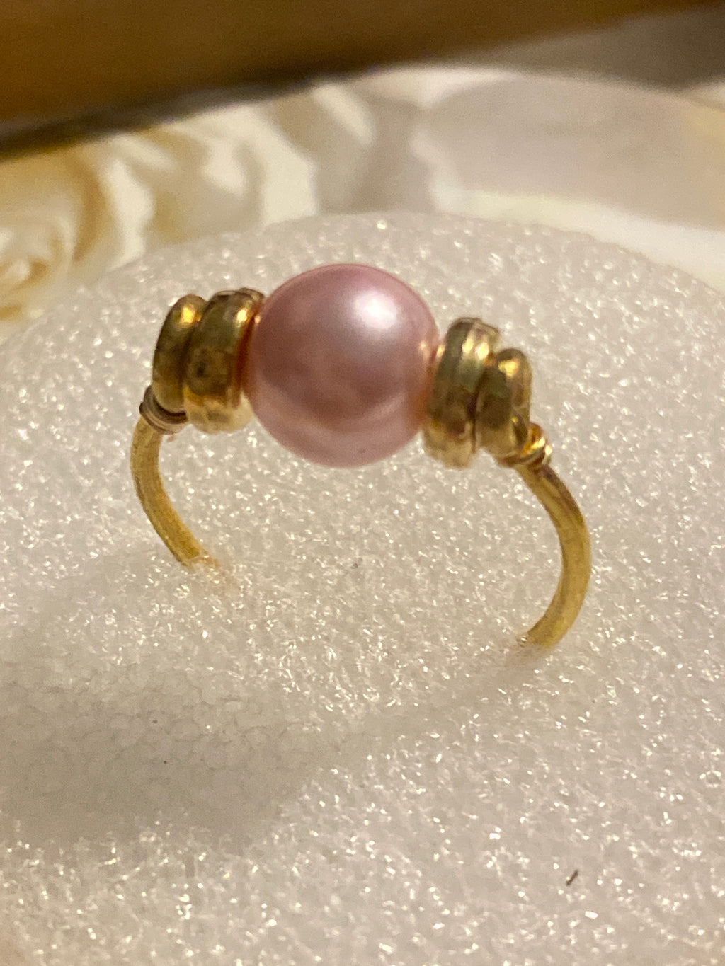 Hand Made Wire Ring  Pink Pearl Bead
