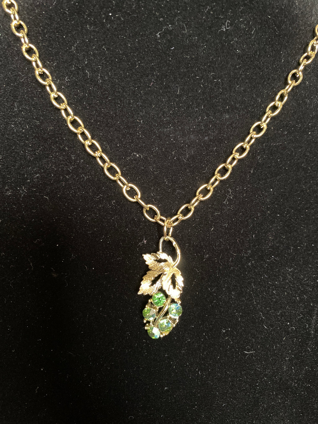Green Rhinestone pendant gold tone necklace