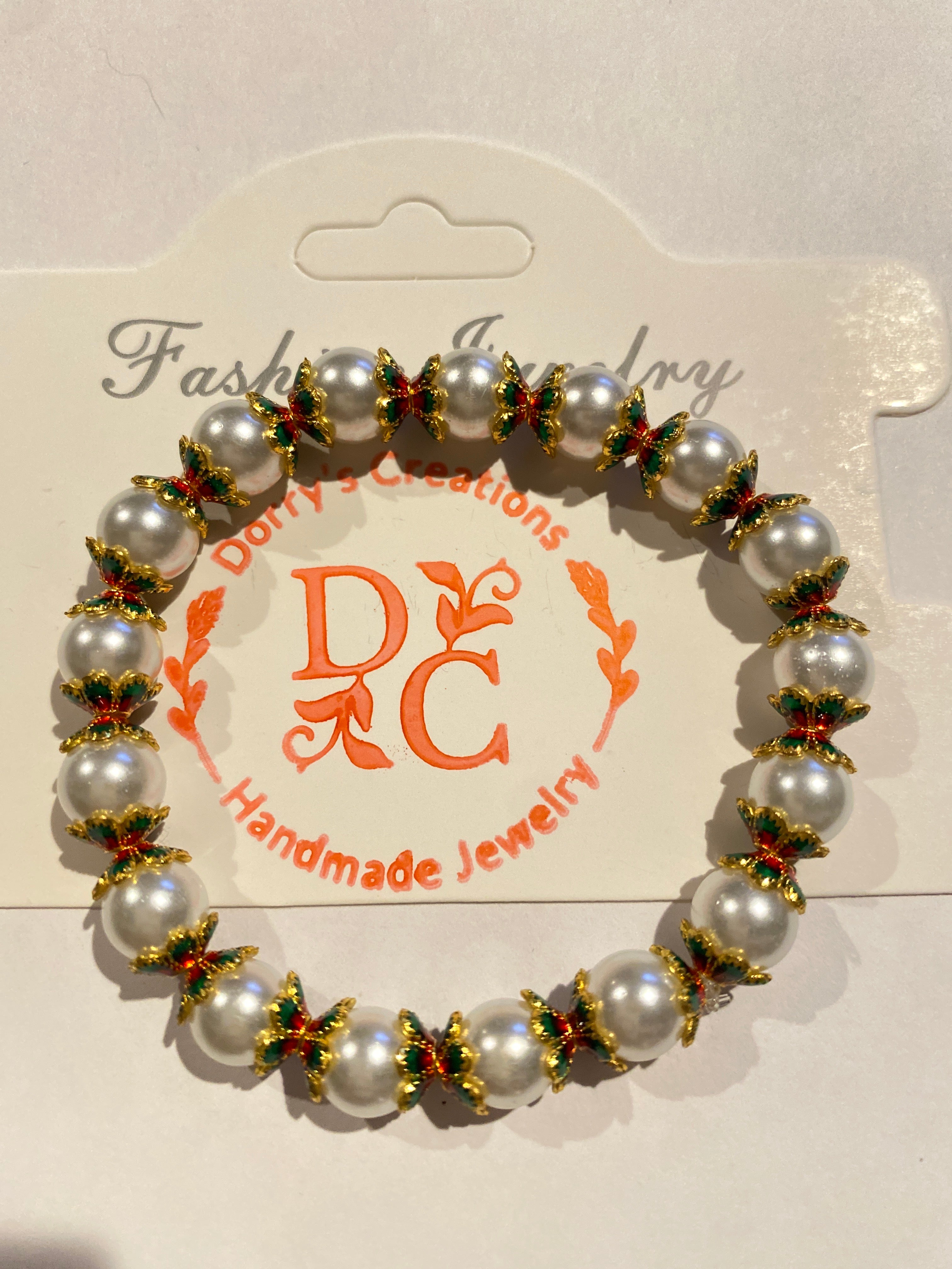 Pearl Bead Bracelet White with Gold, Green and Red accent