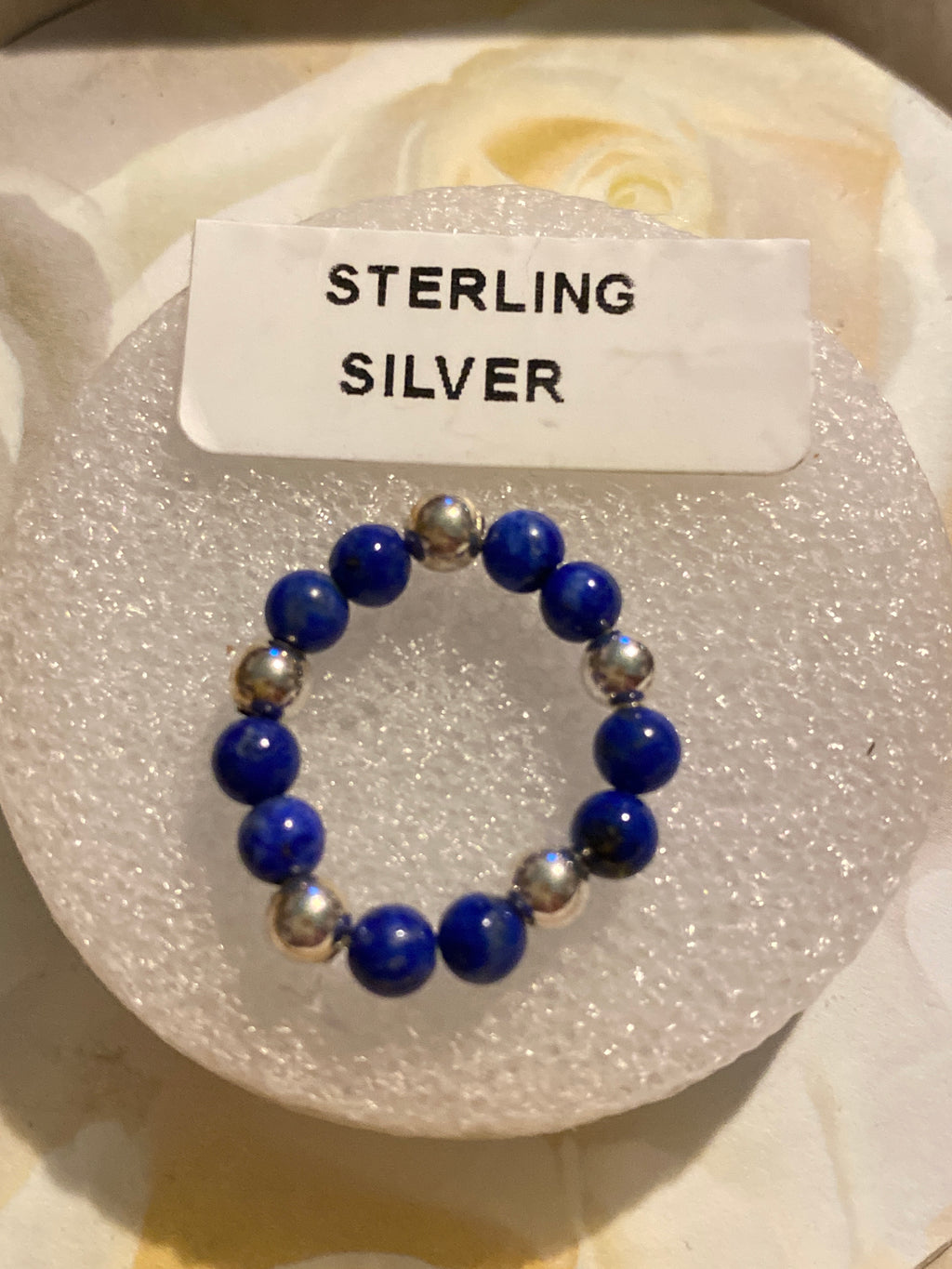 Hand Made Stretch Ring Sterling and Blue Beads