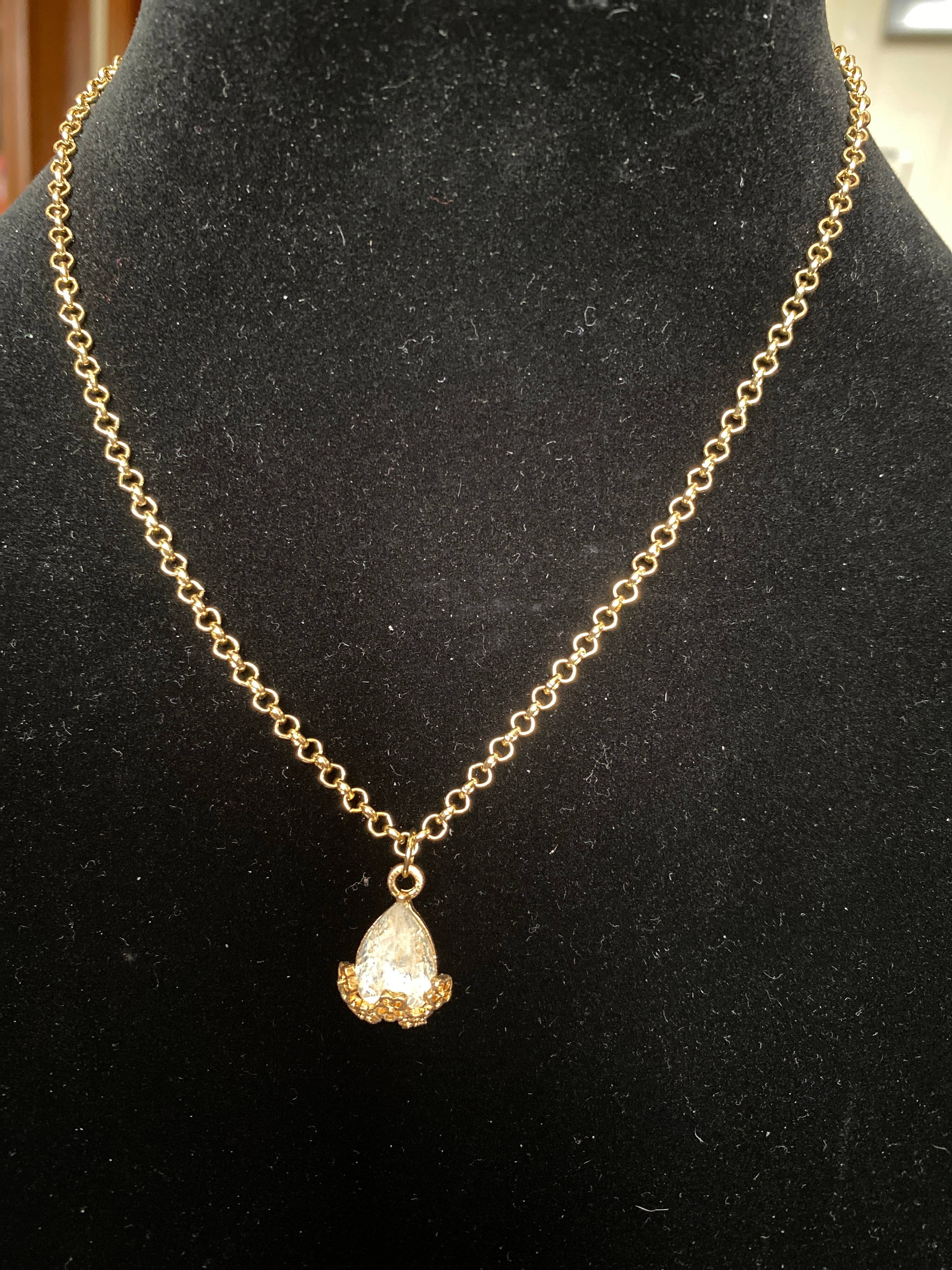 Clear Rhinestone pendant gold tone necklace