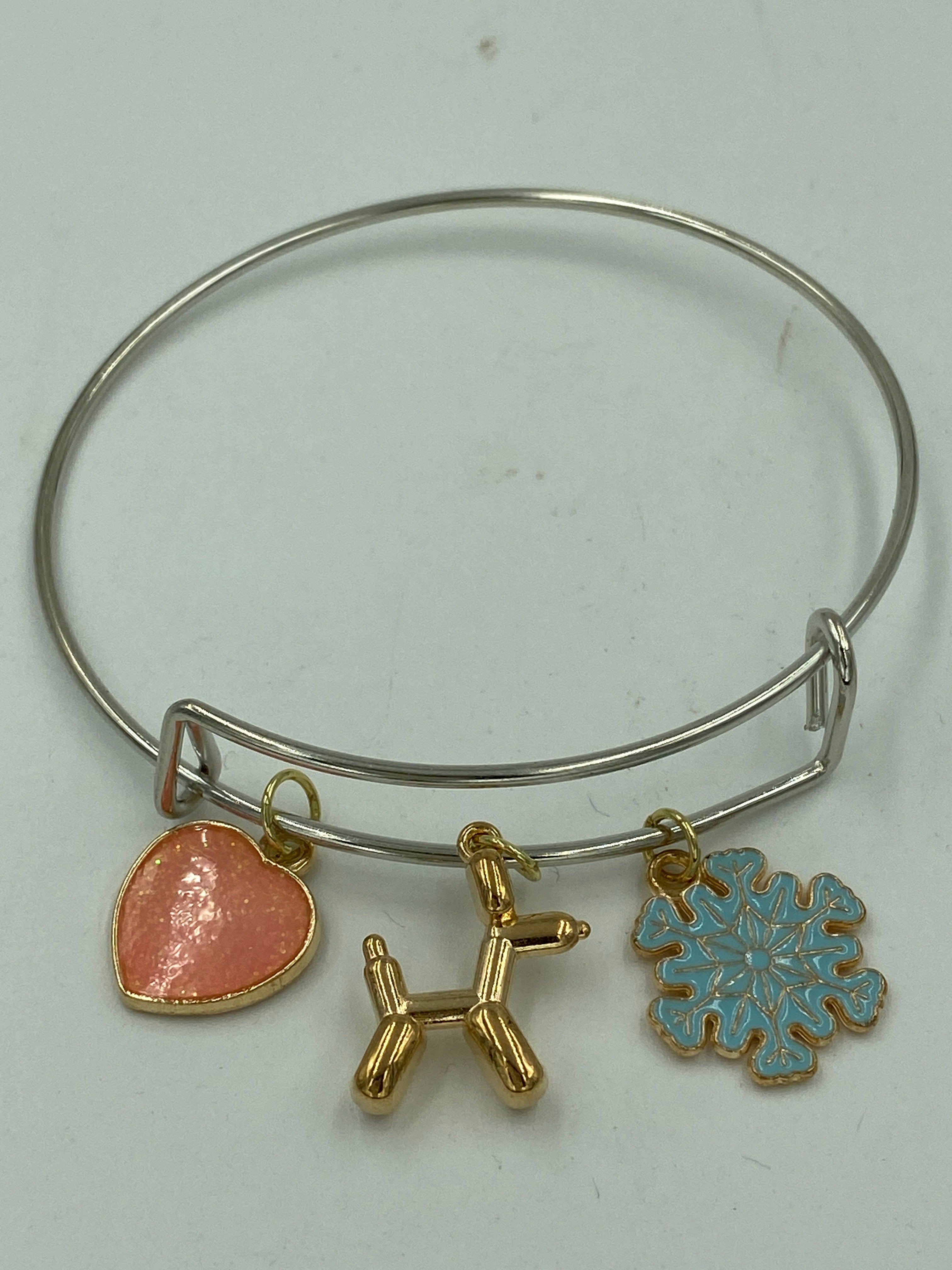 Bangle Charm Bracelet Silver Tone Heart Balloon Dog Snowflake