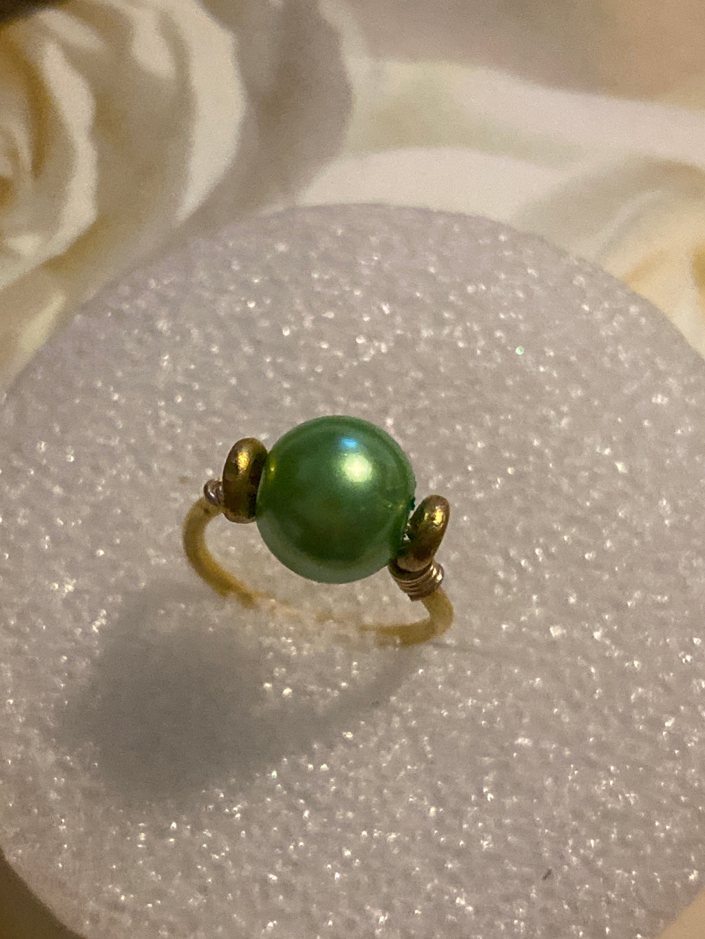 Hand Made Wire Ring Green Pearl Bead