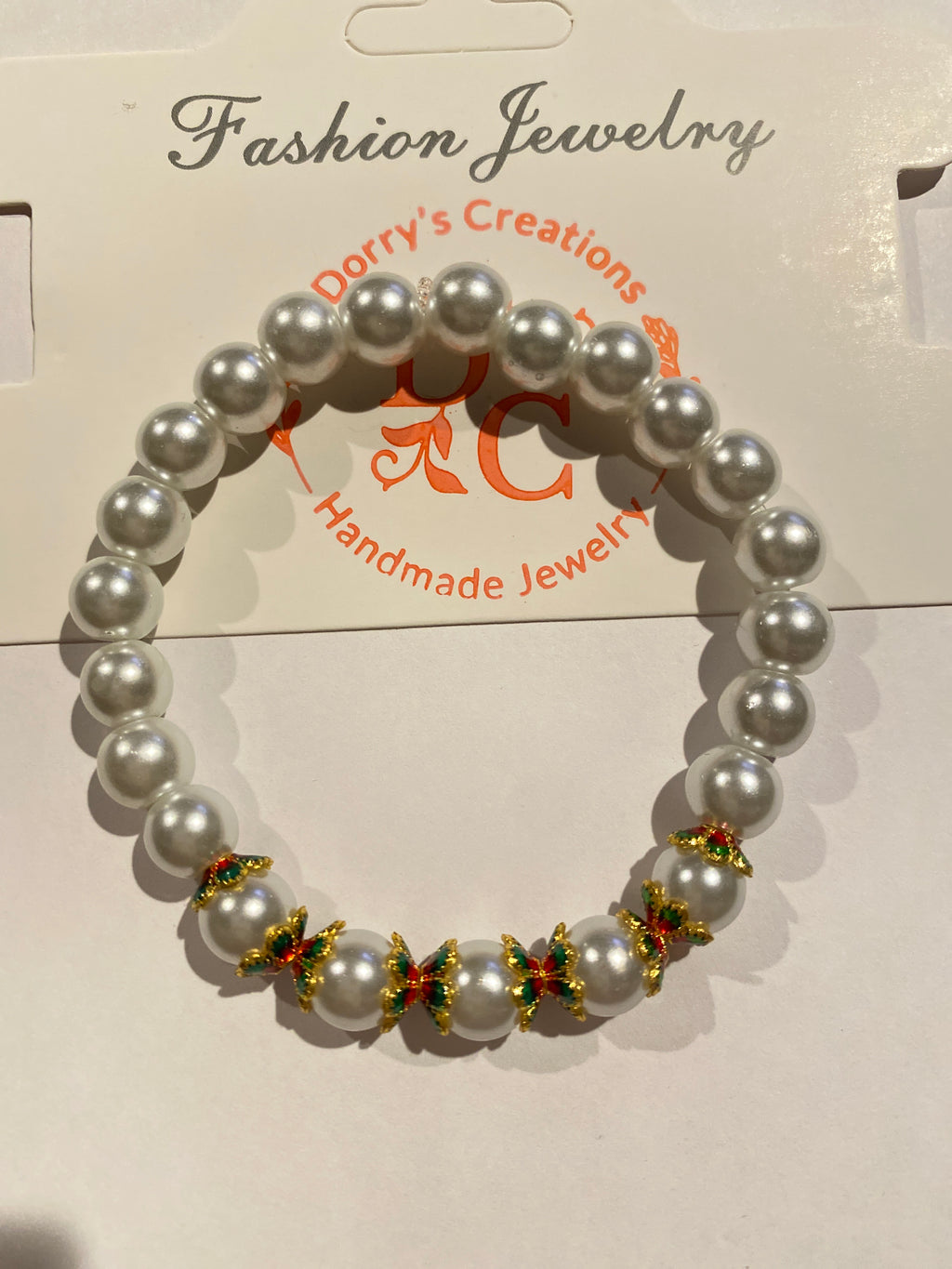 Pearl Bead Bracelet White with Gold, Green and Red accent