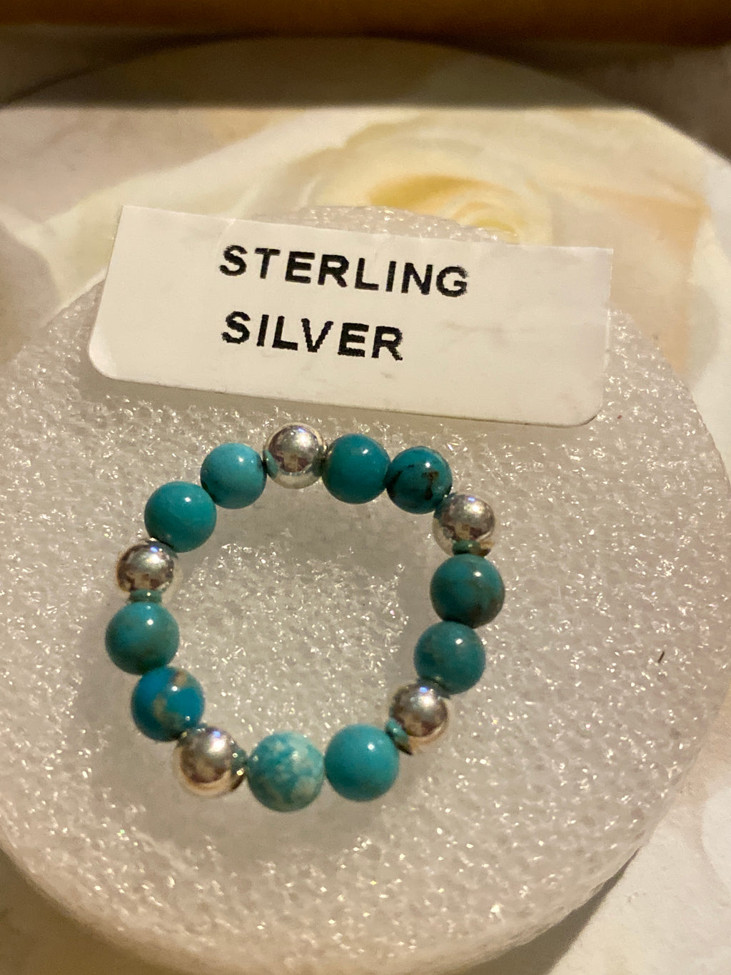 Hand Made Stretch Ring Sterling and Blue Beads
