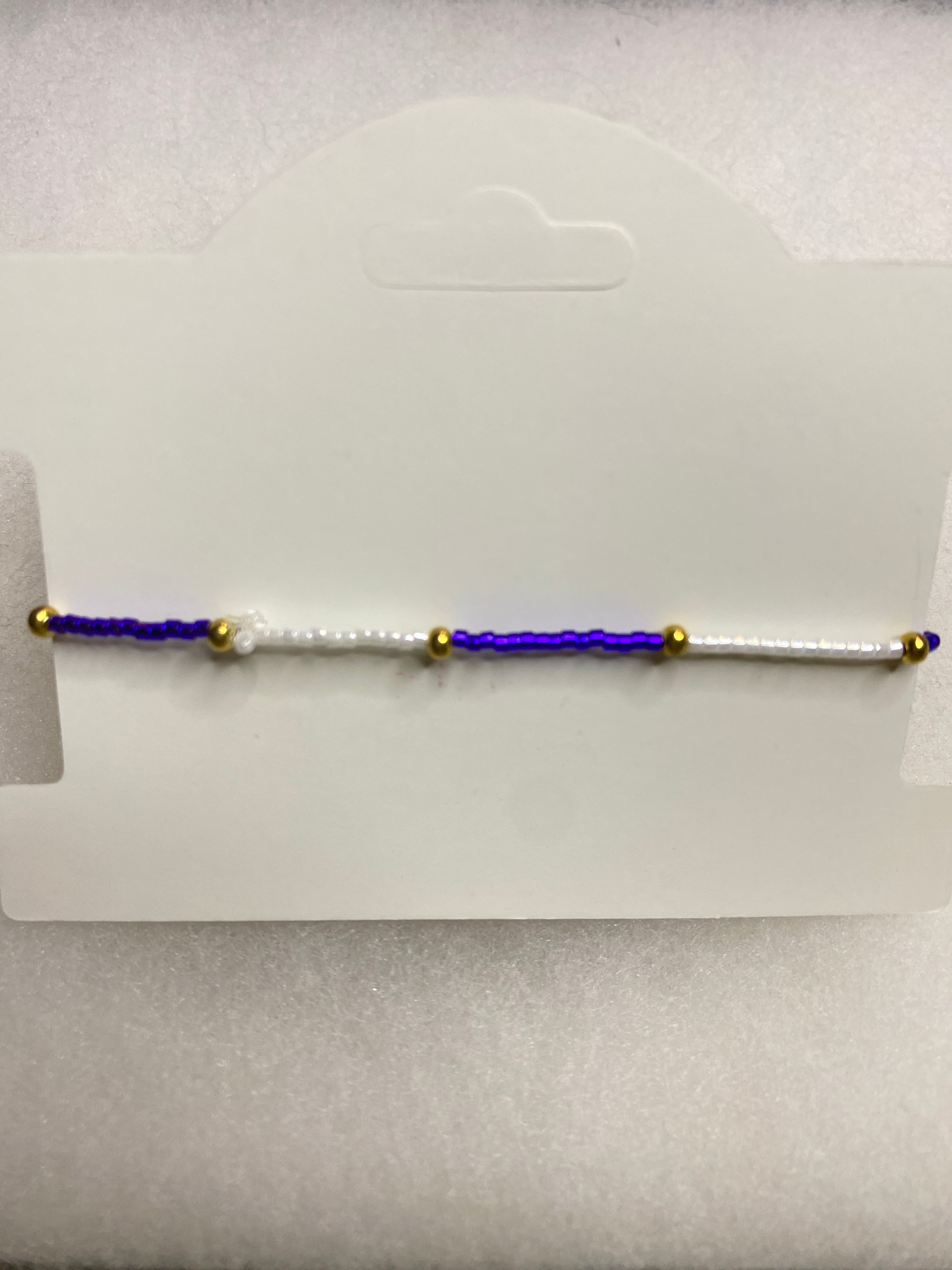 Dainty Bead Bracelet for stacking Blue and White with Gold accent