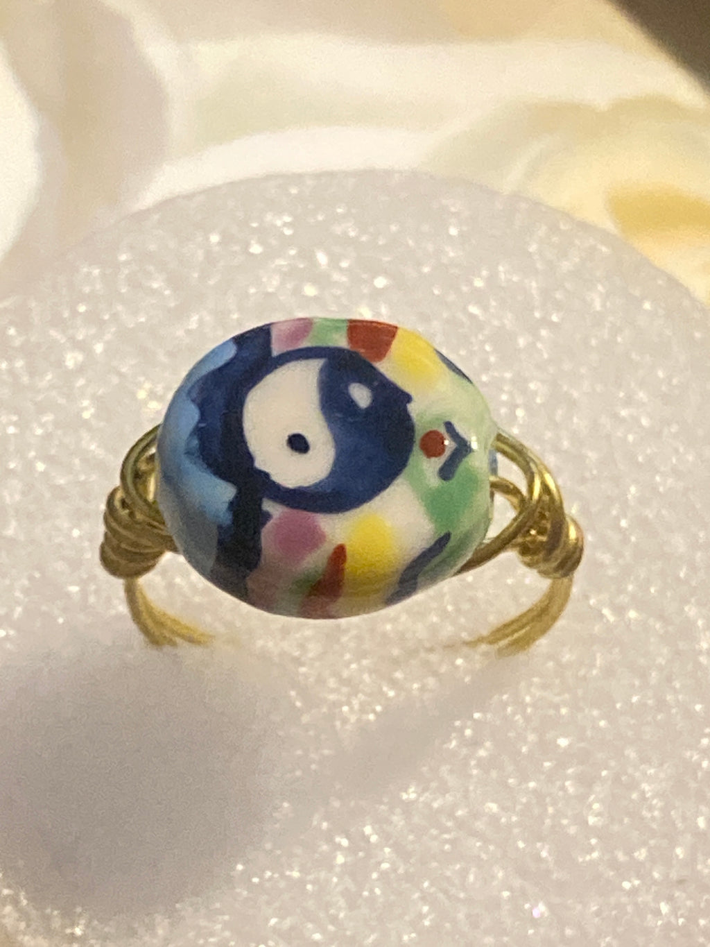 Hand Made Wire Ring Yen and Yang Bead