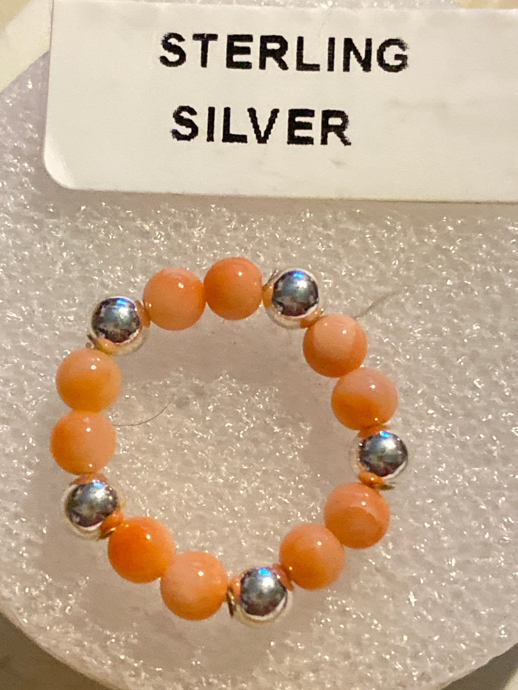 Hand Made Stretch Ring Sterling and Orange Beads