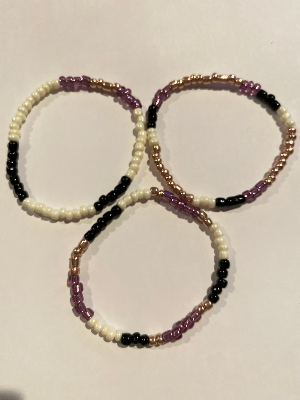 Stacking Bead Bracelet set of 3 Purple, Black and White can be worn alone or together