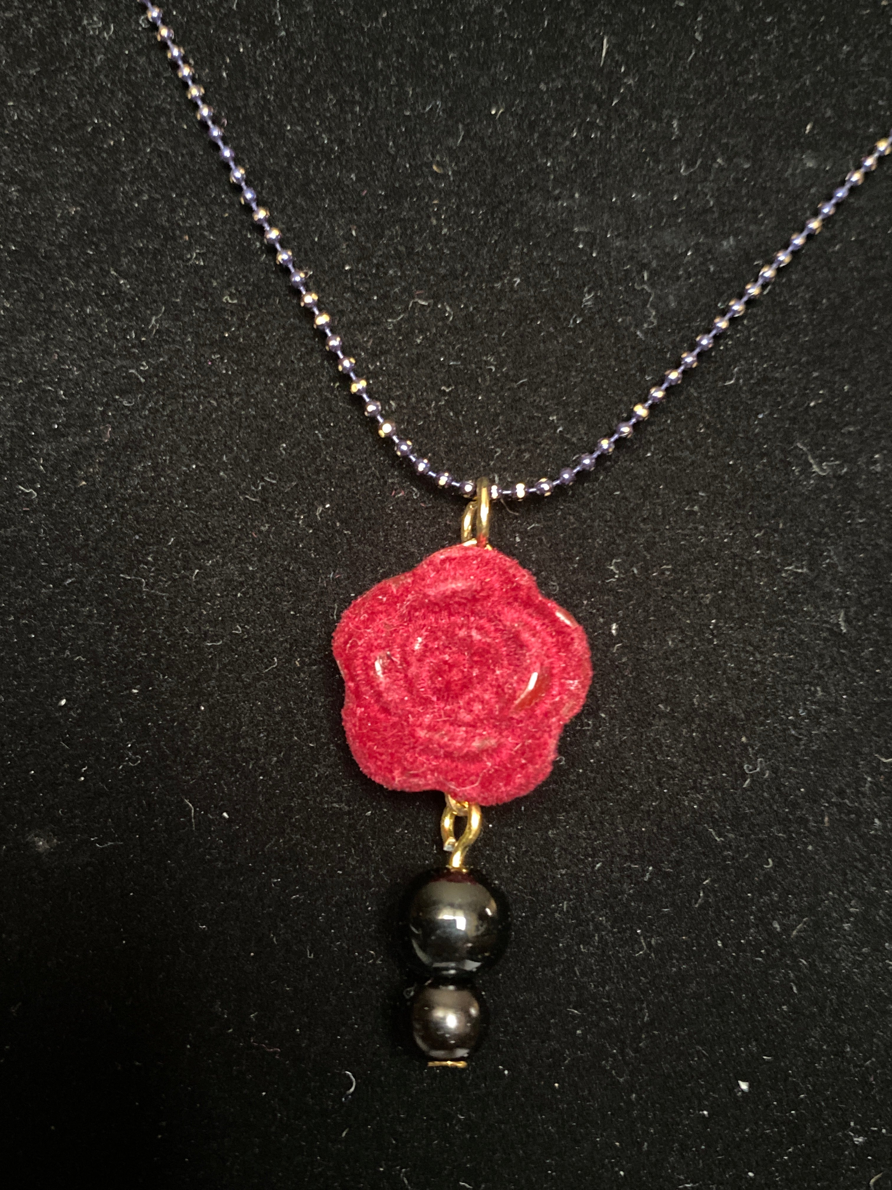Red Rose (velvet) and Bead Chain Necklace