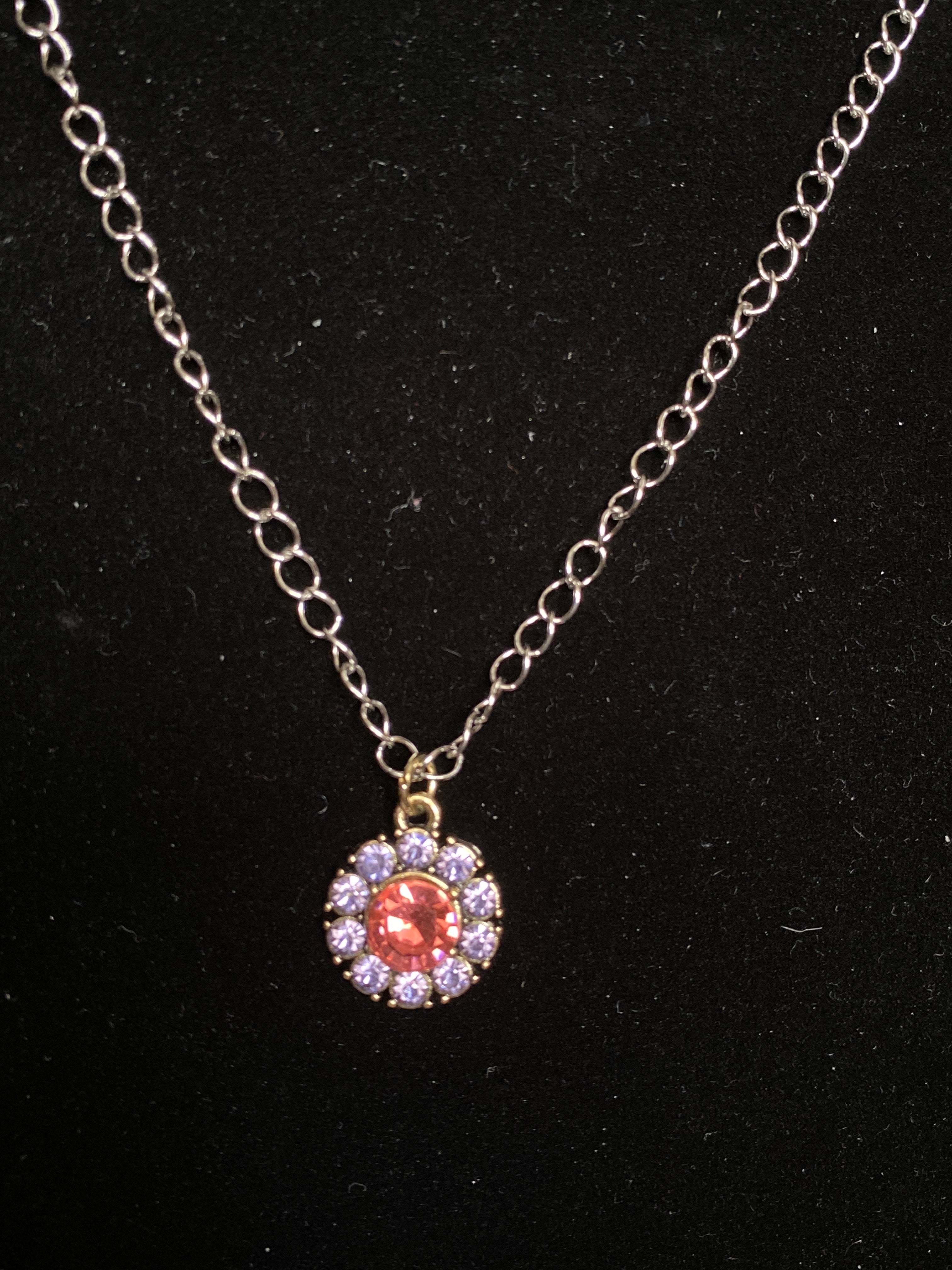 Pink and Purple Rhinestone pendant gold tone necklace