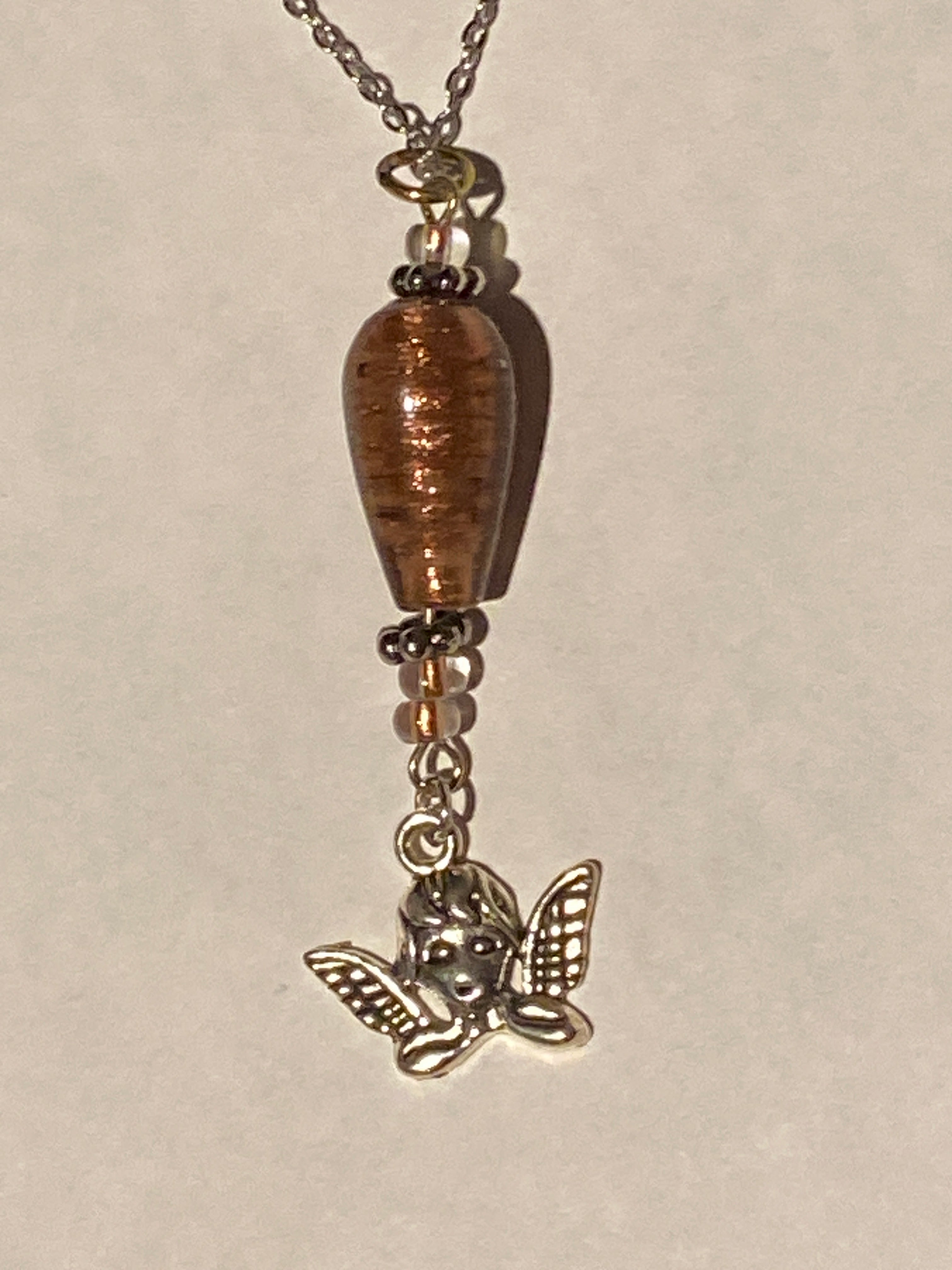 Angel pendant with Glass bead accent Silver tone necklace