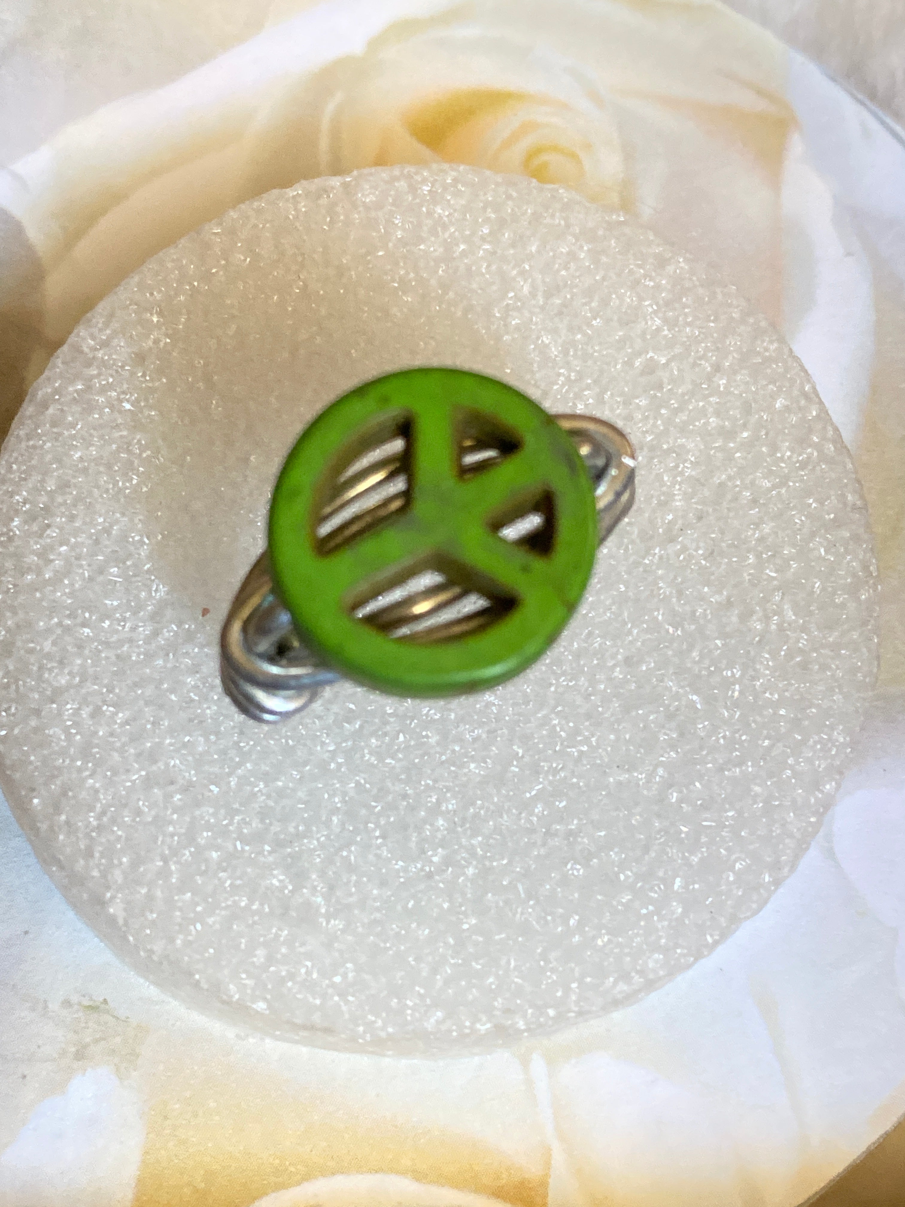 Hand Made Wire Ring Green Peace Bead