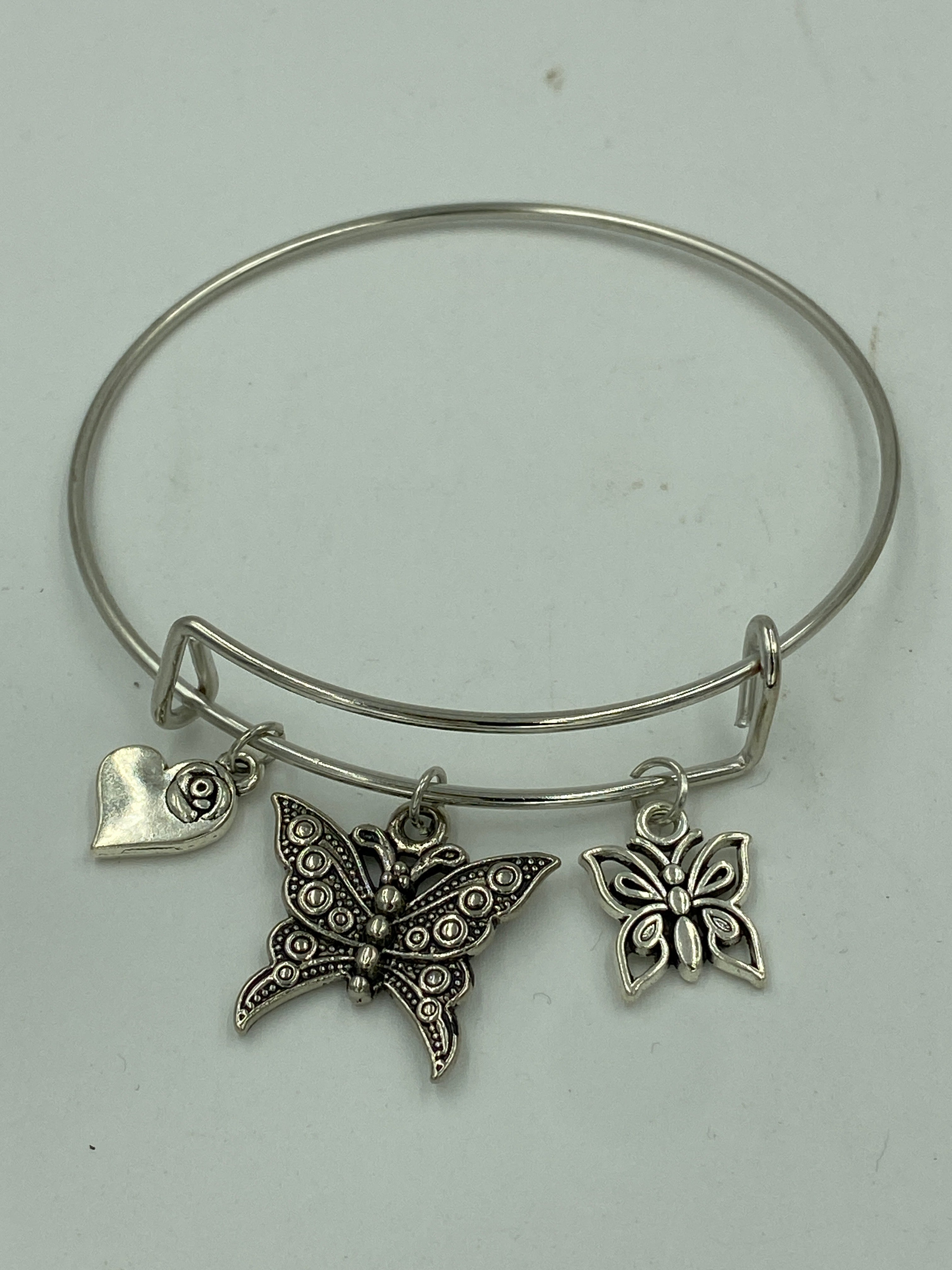 Bangle Charm Bracelet Silver Tone Butterflies