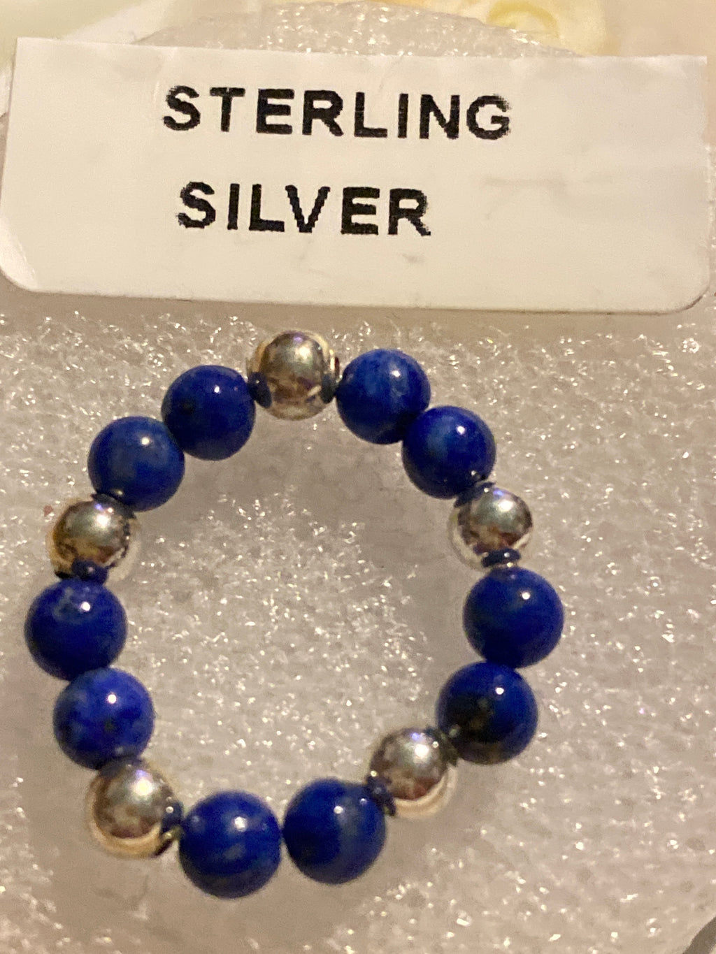 Hand Made Stretch Ring Sterling and Blue Beads