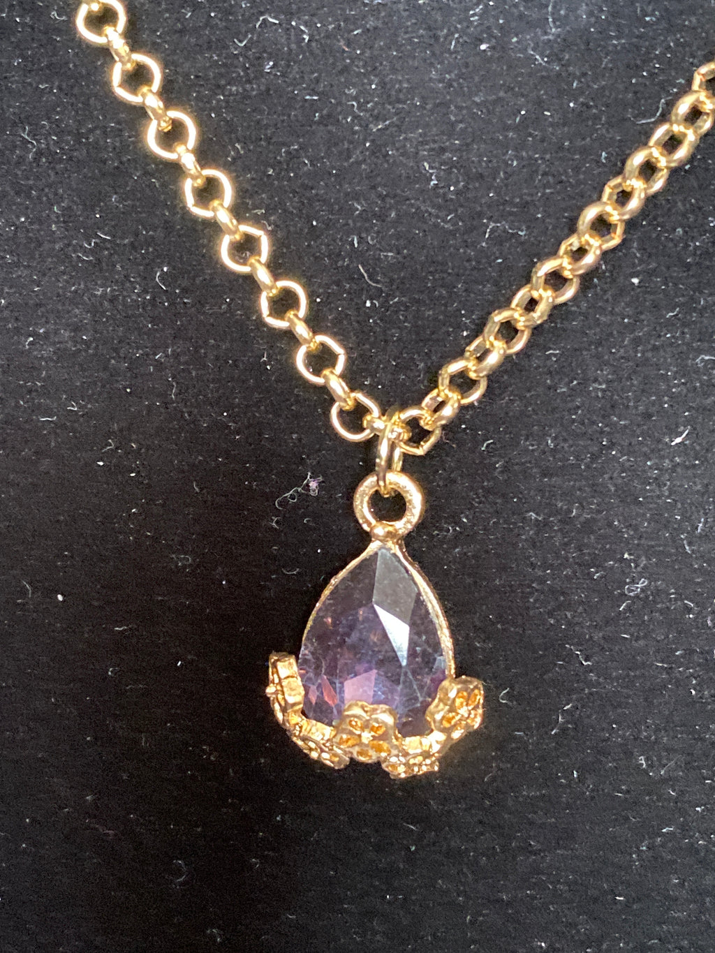 Purple Rhinestone pendant gold tone necklace