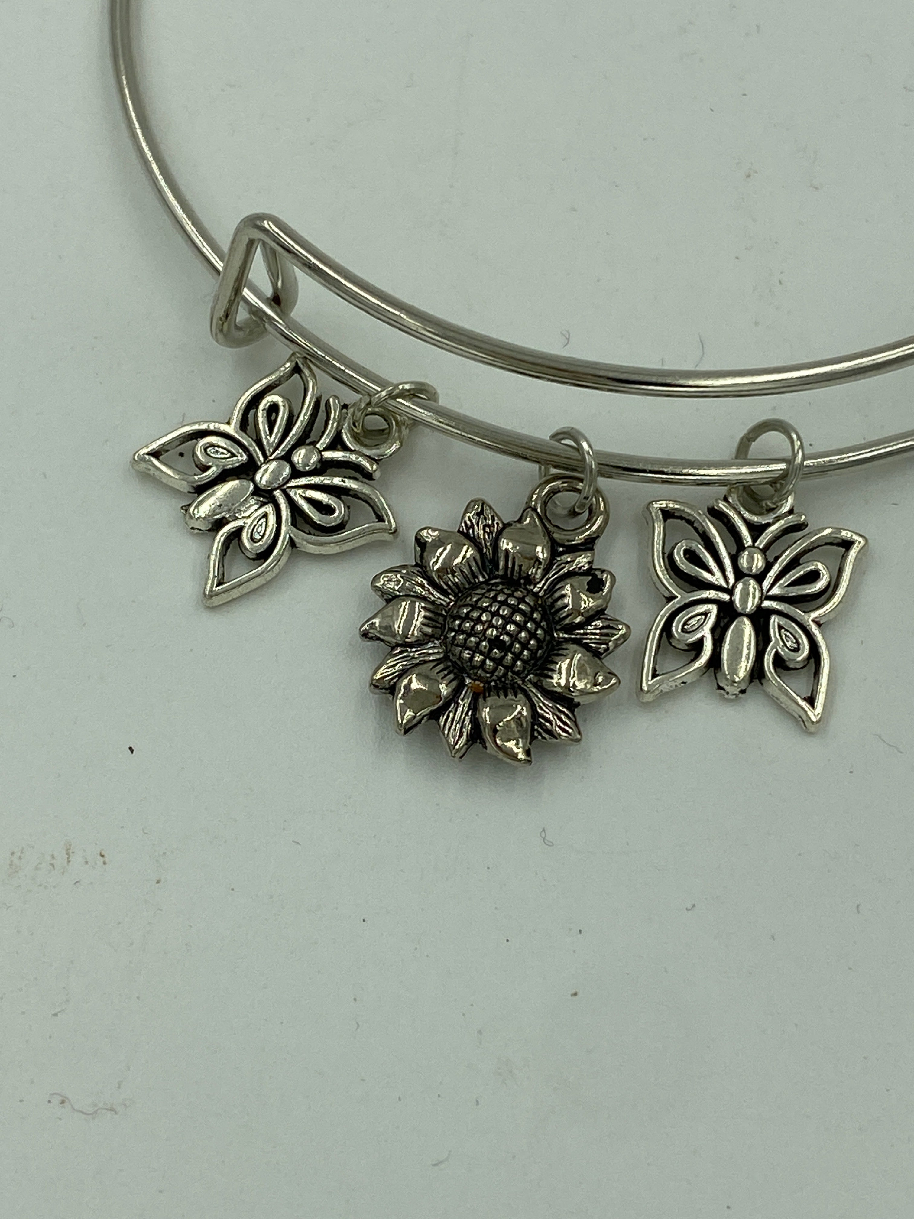 Bangle Charm Bracelet Silver ToneButterflies and Flower