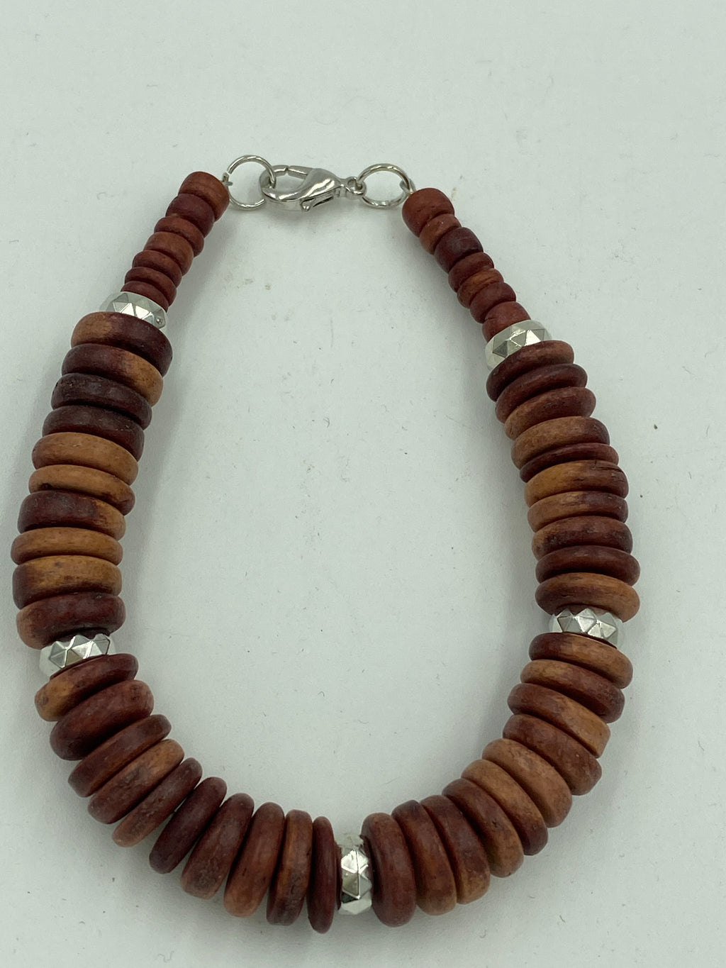 Wood Bead Bracelet with silver bead accent