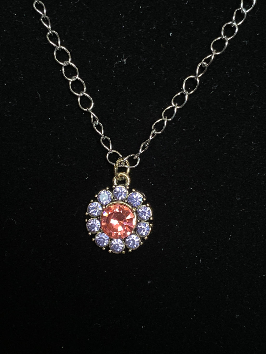 Pink and Purple Rhinestone pendant gold tone necklace