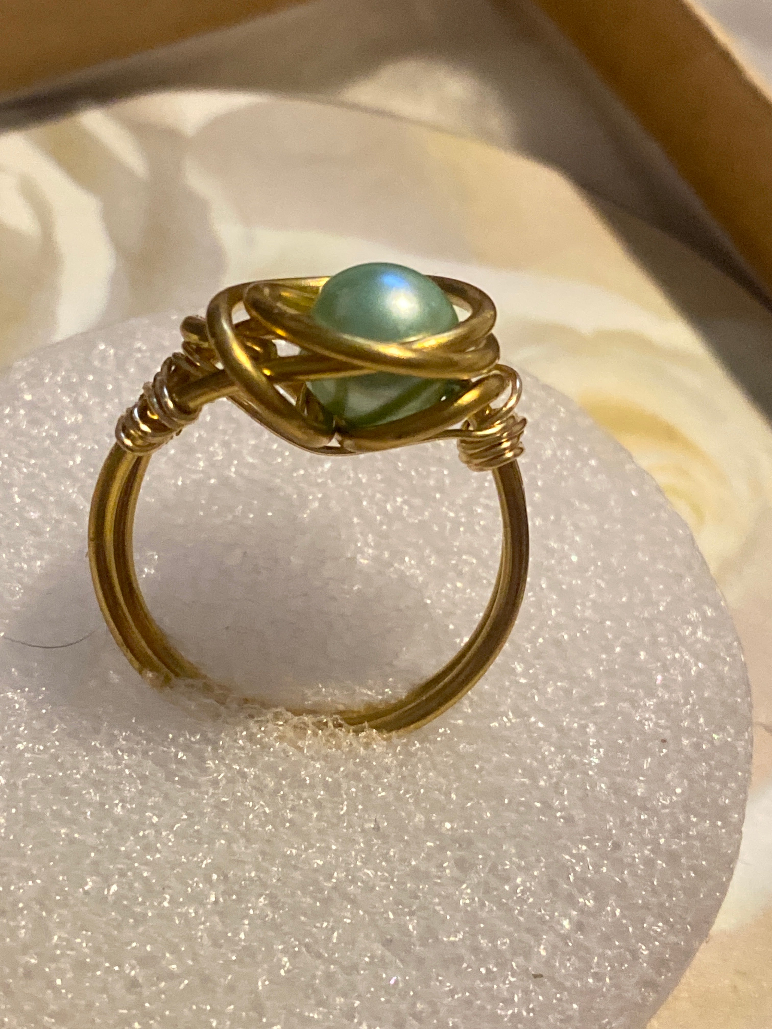 Hand Made Wire Ring Green Pearl Bead