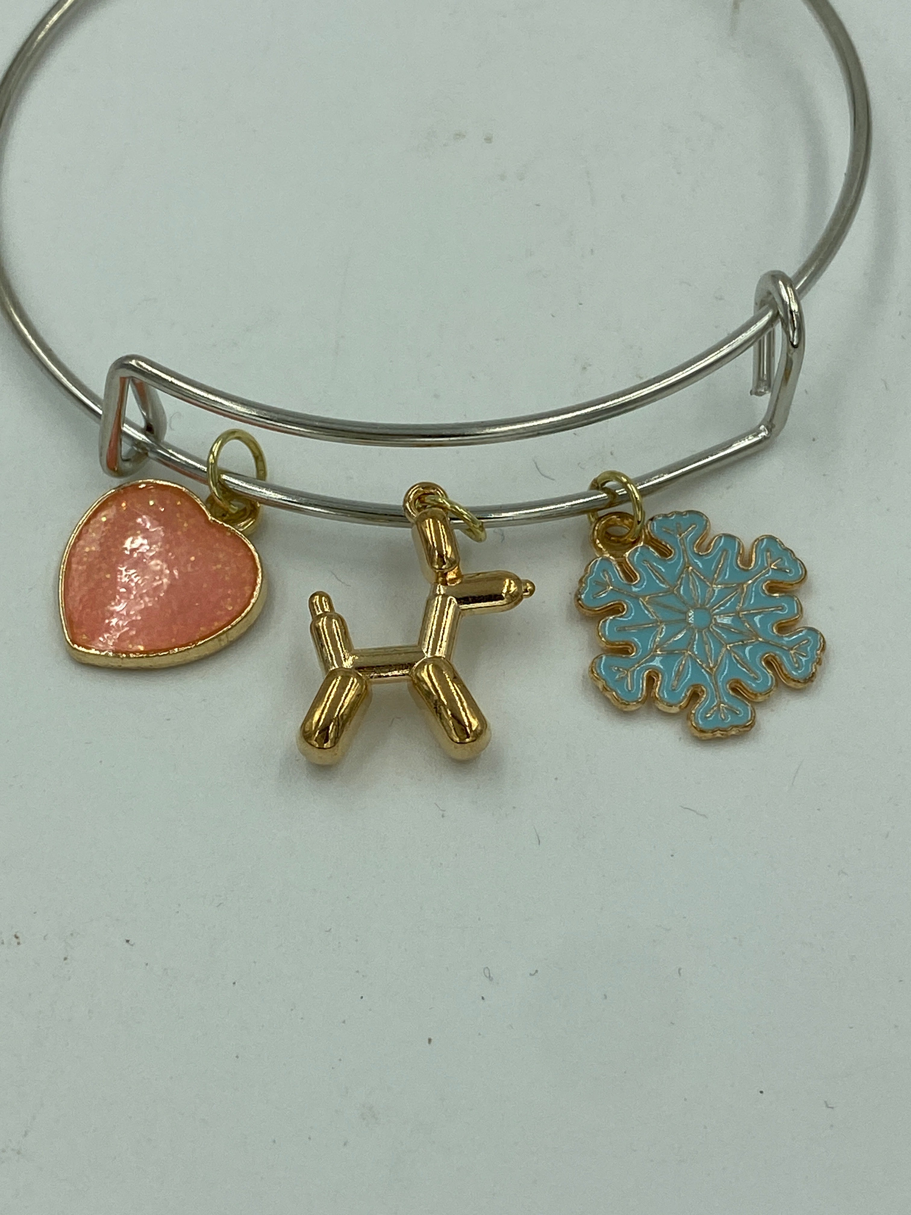 Bangle Charm Bracelet Silver Tone Heart Balloon Dog Snowflake