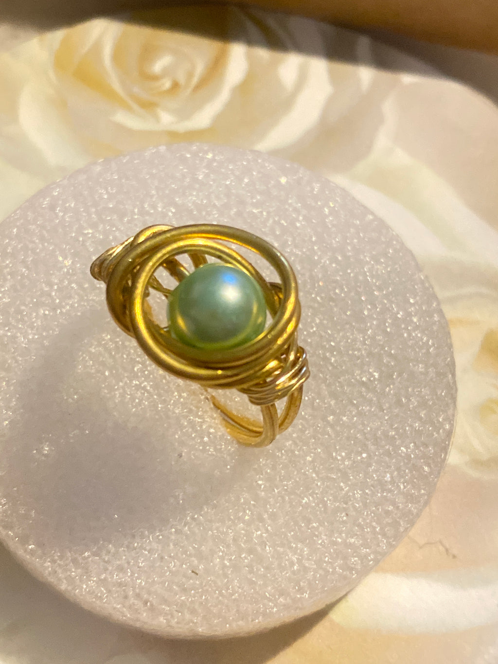 Hand Made Wire Ring Green Pearl Bead
