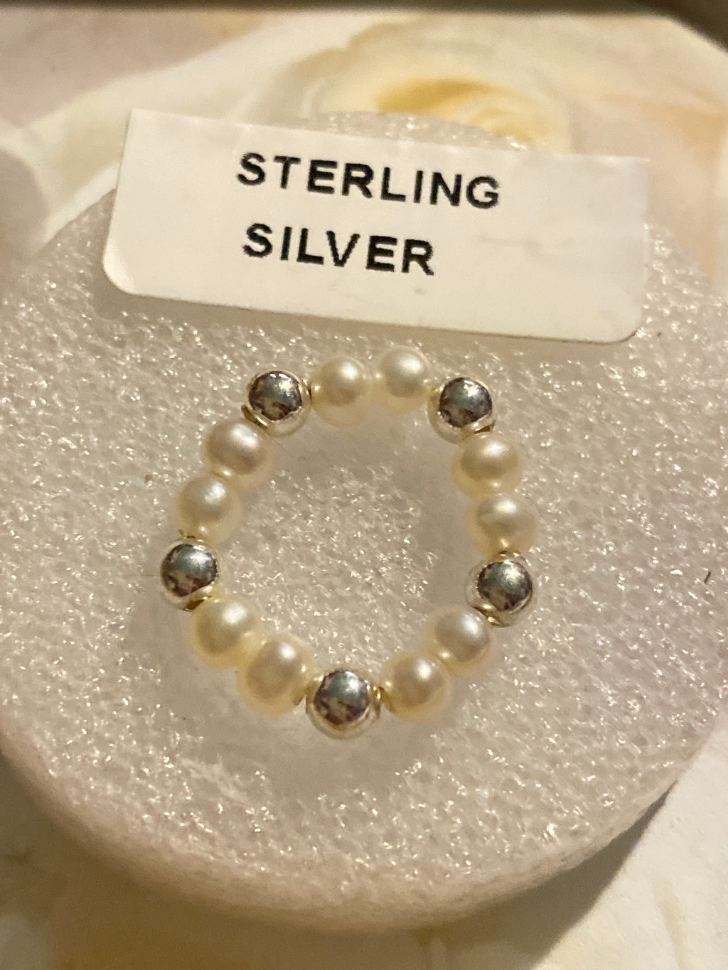 Hand Made Stretch Ring Sterling and Pearl Beads