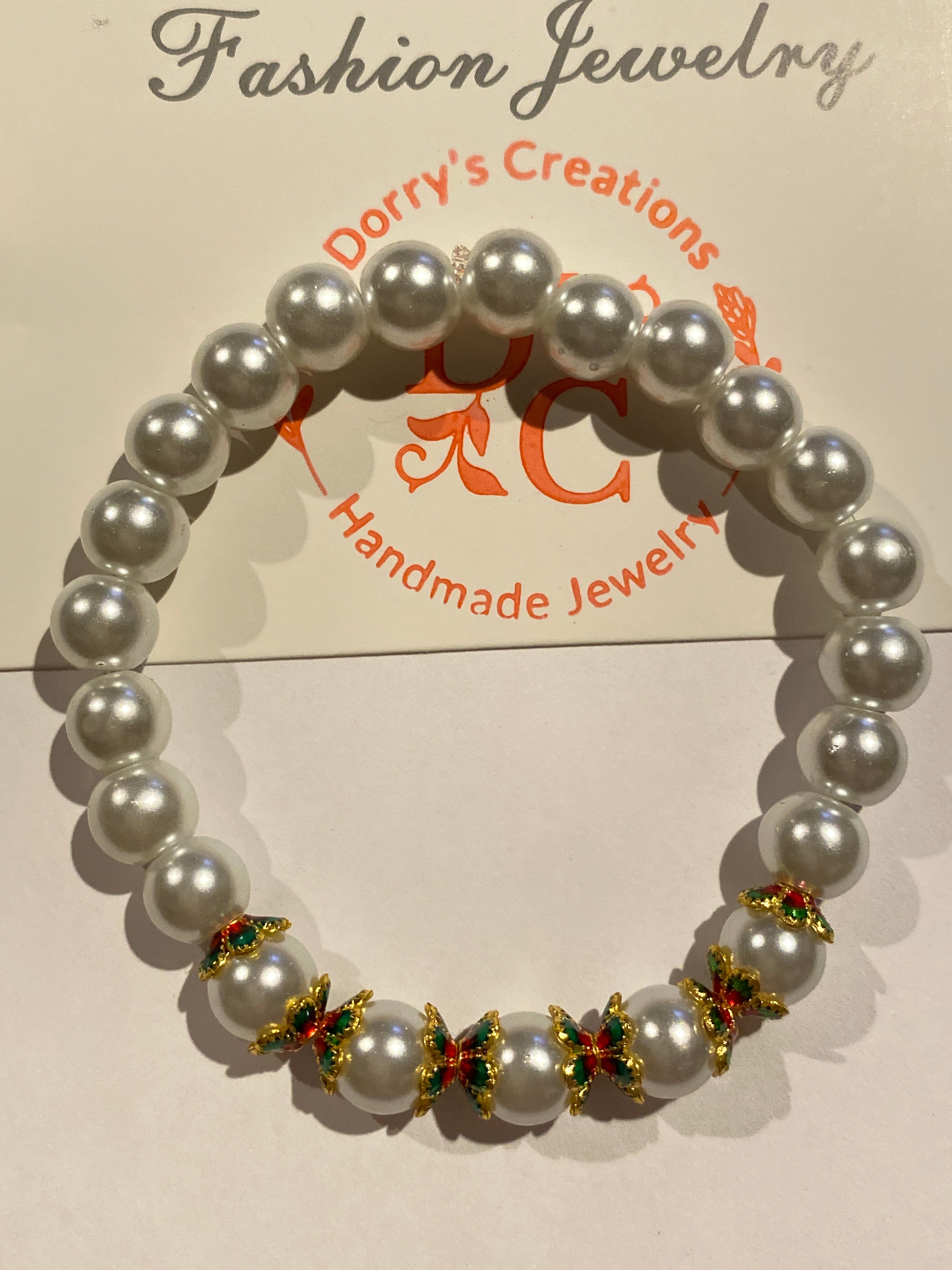 Pearl Bead Bracelet White with Gold, Green and Red accent