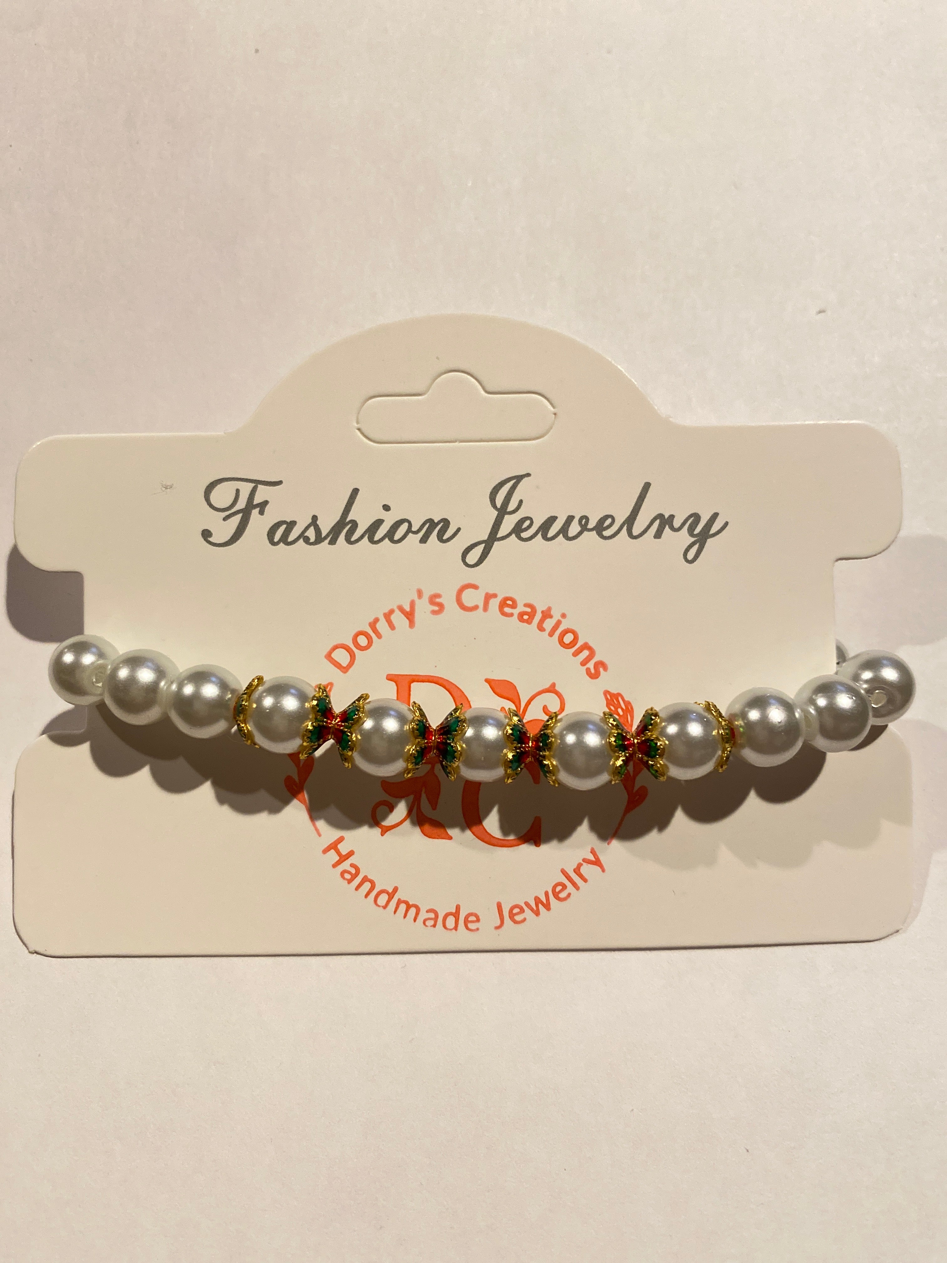 Pearl Bead Bracelet White with Gold, Green and Red accent