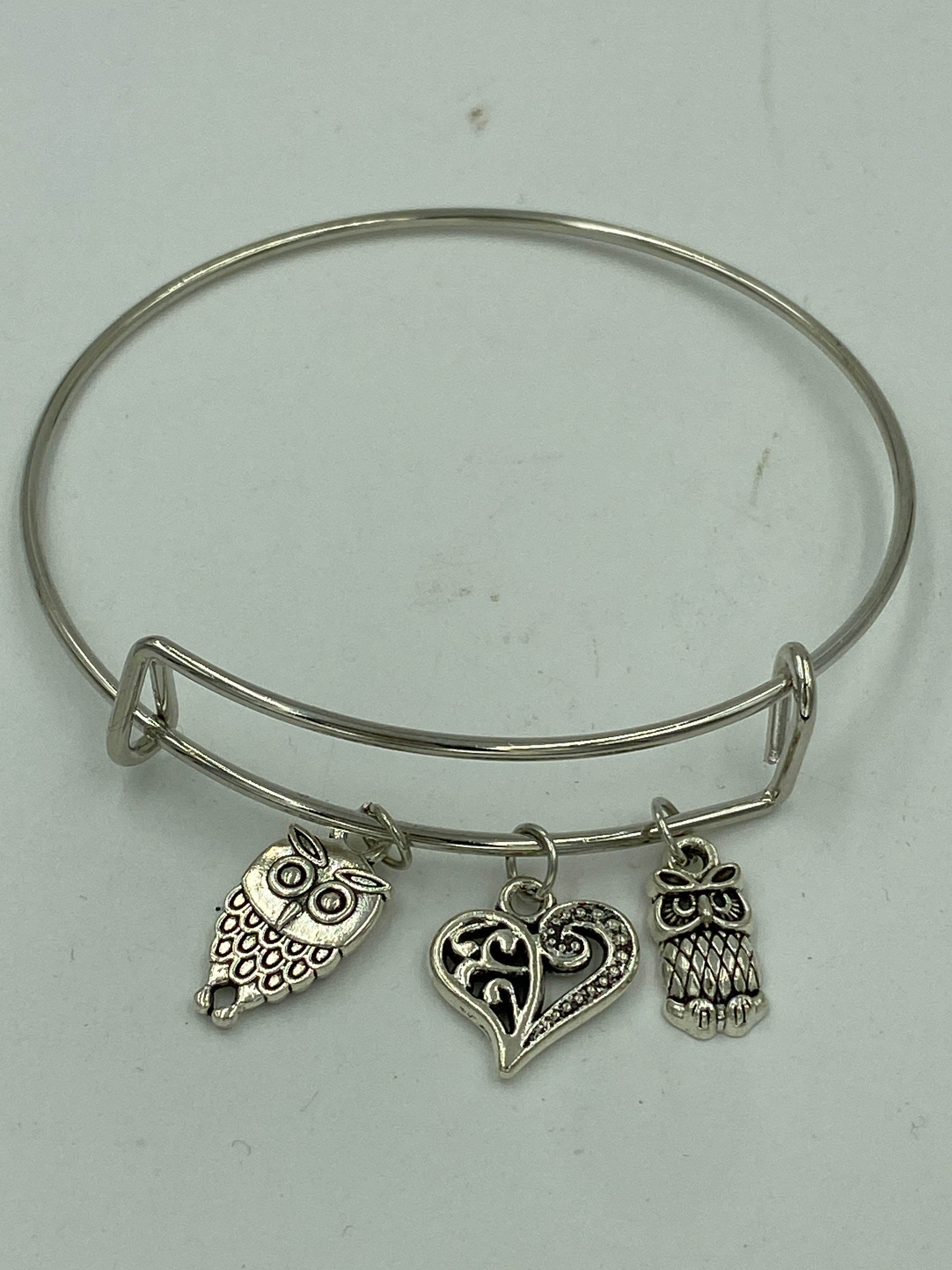 Bangle Charm Bracelet Silver Tone Owls Love