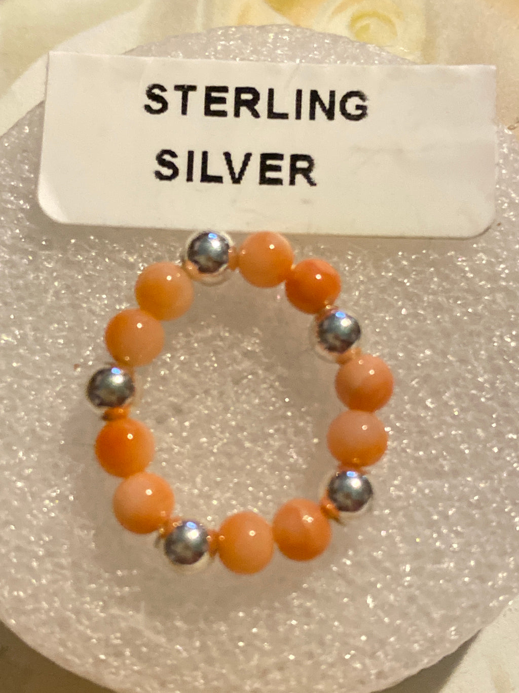 Hand Made Stretch Ring Sterling and Orange Beads