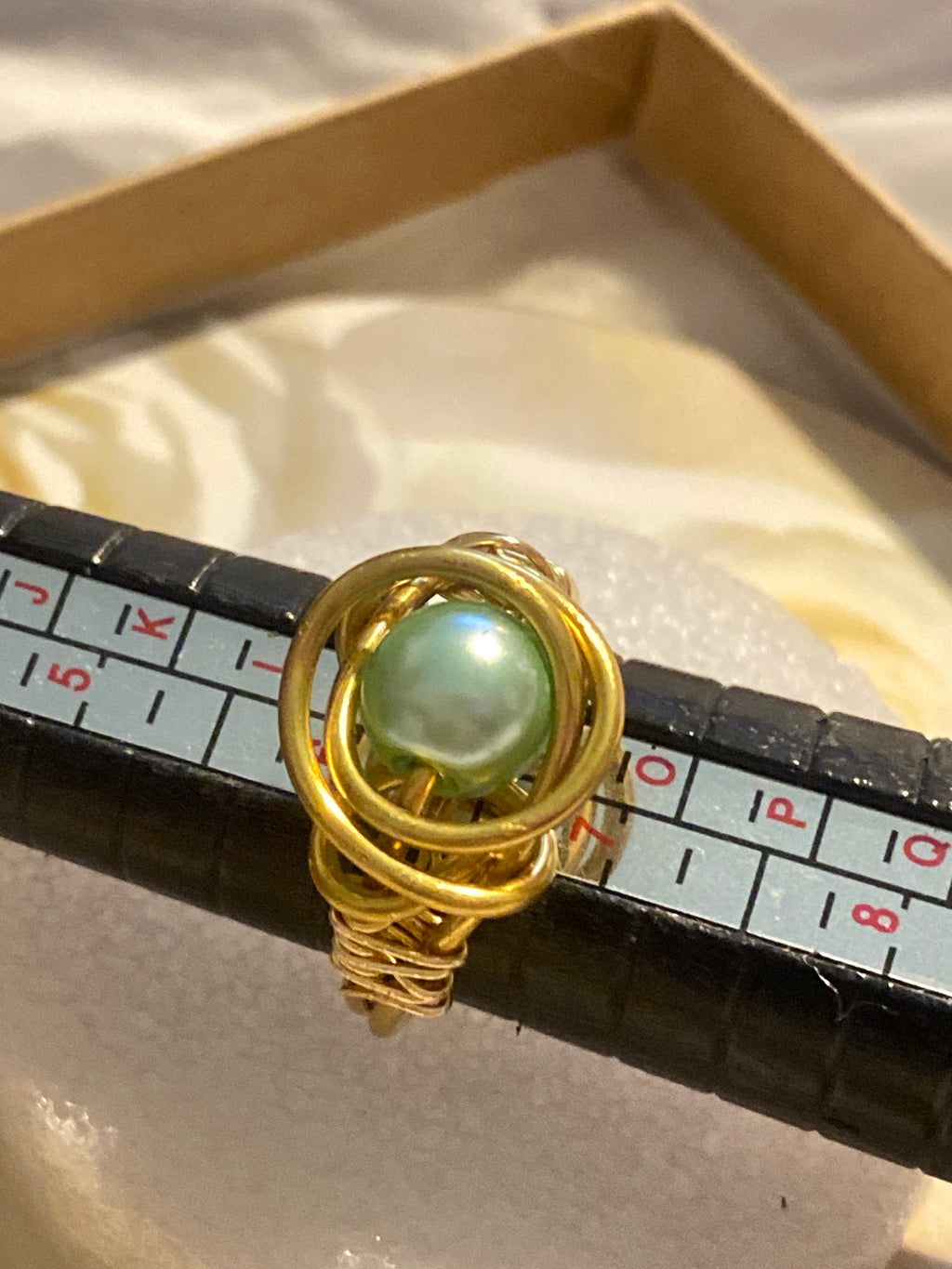 Hand Made Wire Ring Green Pearl Bead