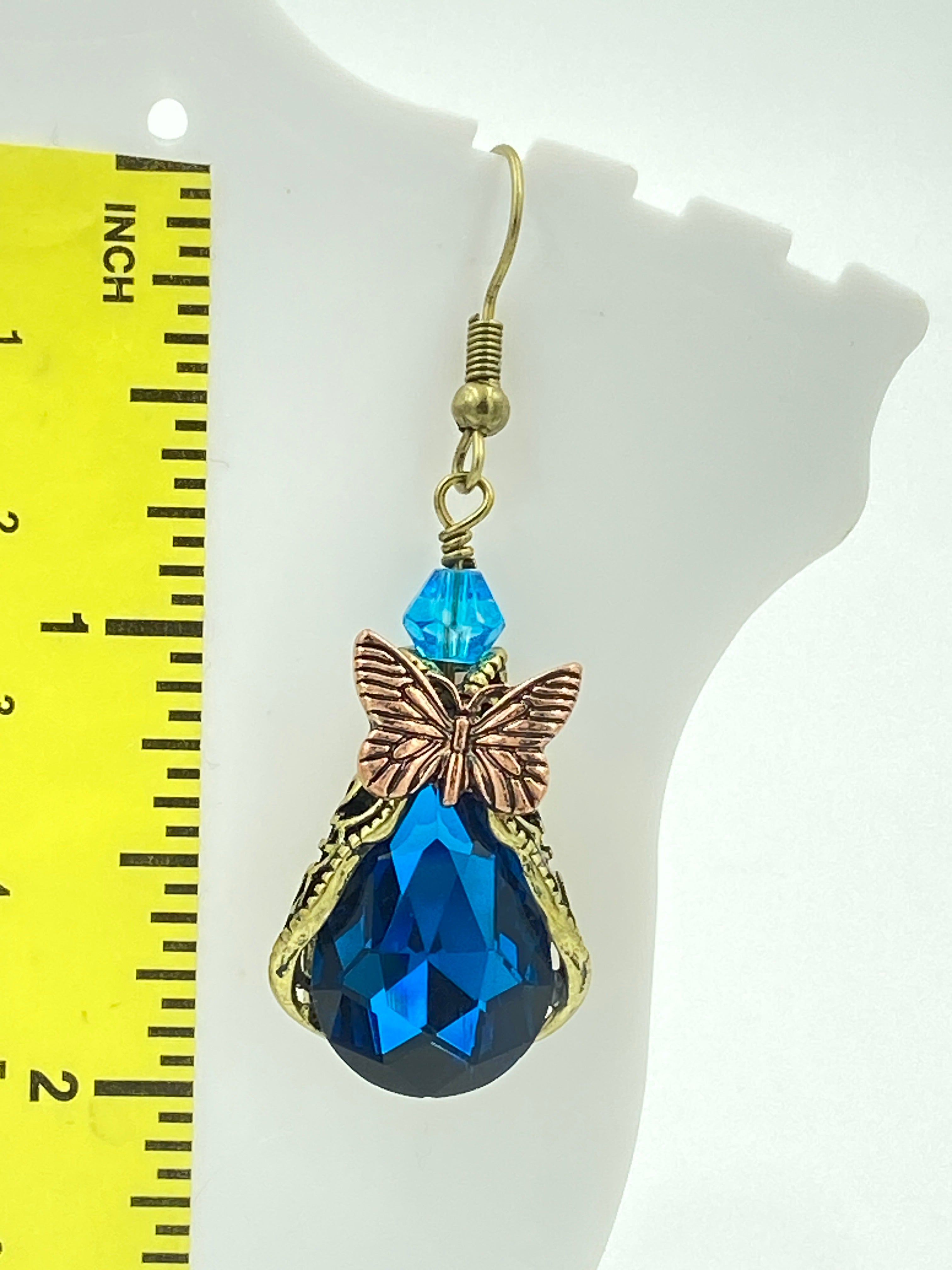 Hook Earrings with Butterflies and Blue Rhinestones