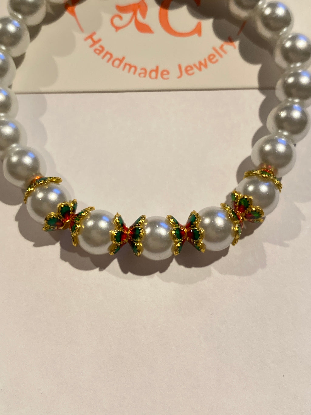 Pearl Bead Bracelet White with Gold, Green and Red accent