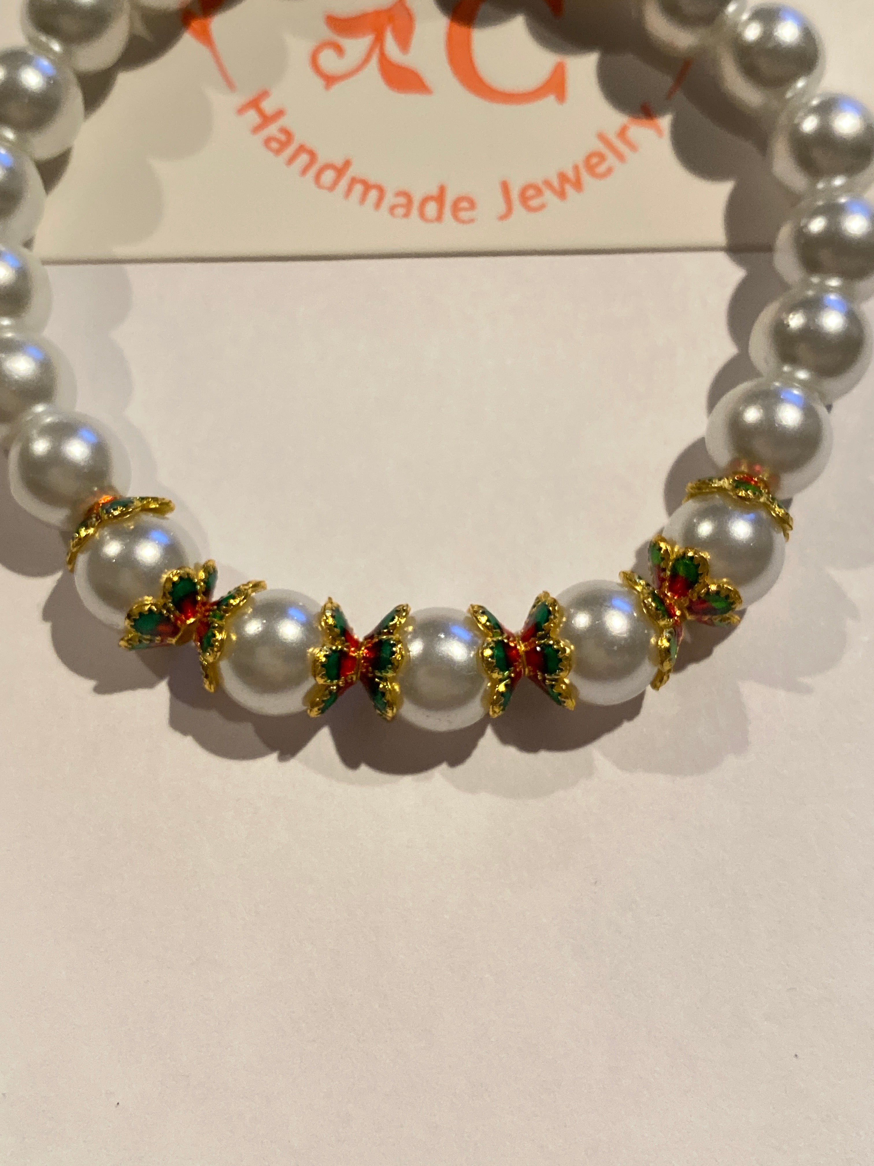 Pearl Bead Bracelet White with Gold, Green and Red accent