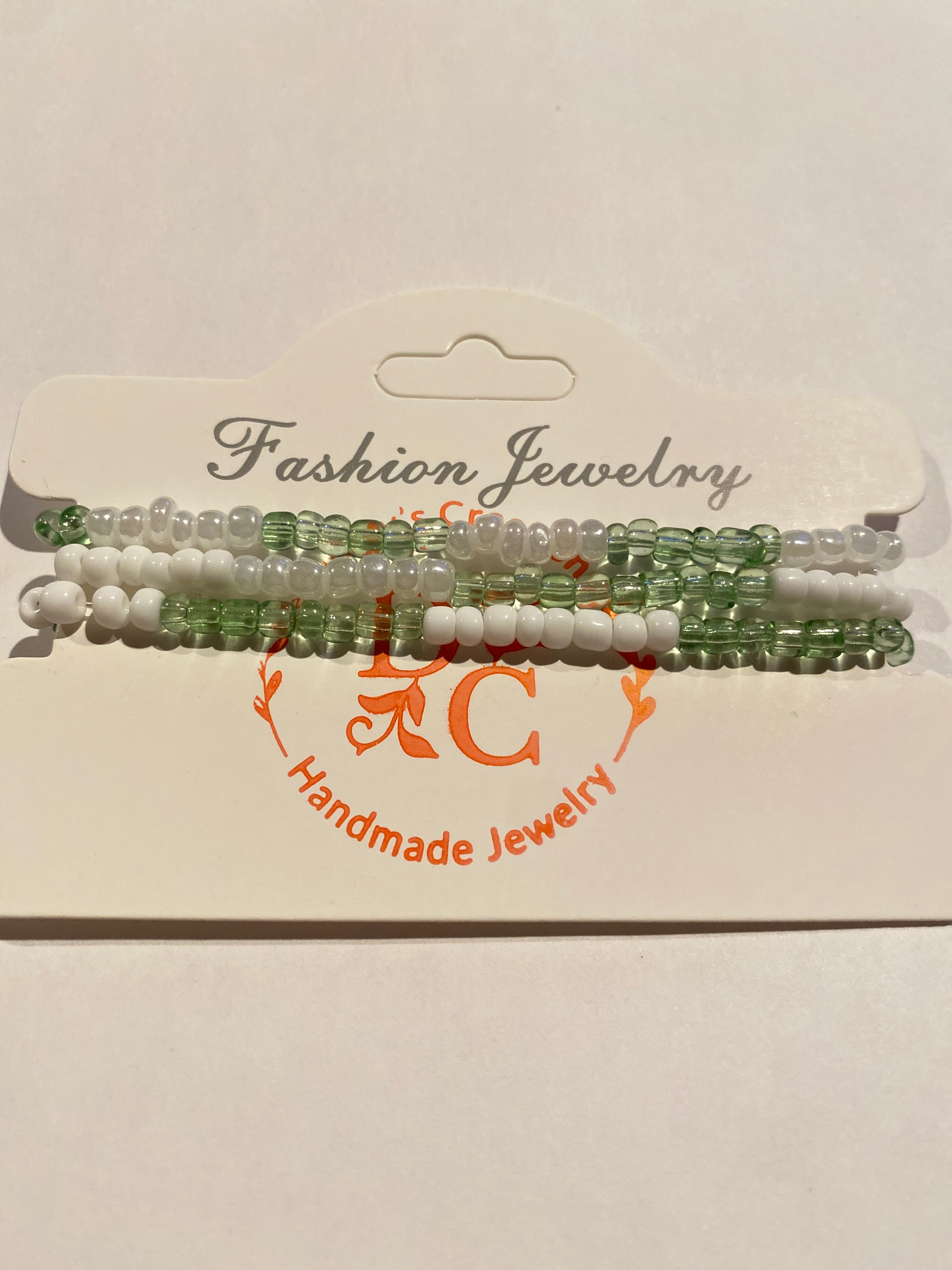 Stacking Bead Bracelet set of 3 Green , and White can be worn alone or together
