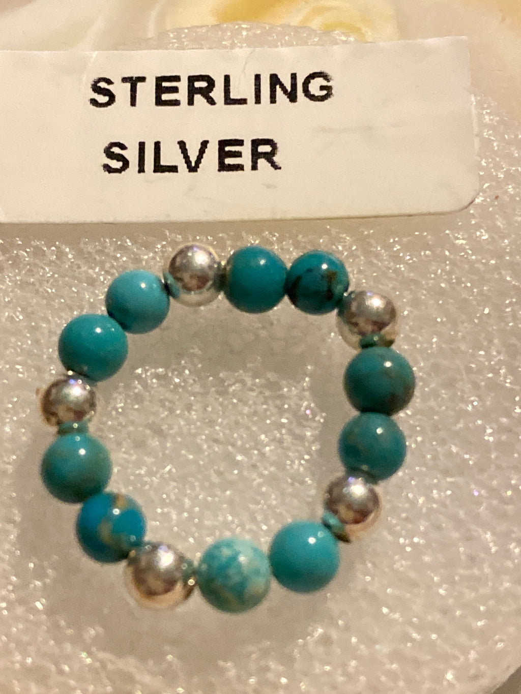 Hand Made Stretch Ring Sterling and Blue Beads