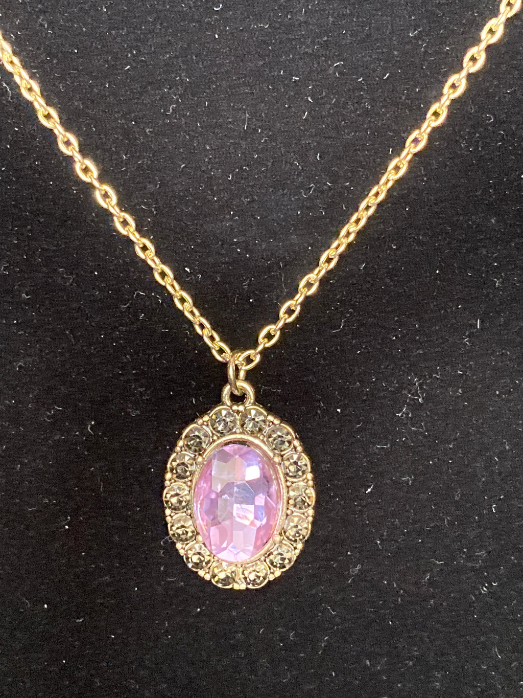 Purple and smoky Rhinestone pendant gold tone necklace