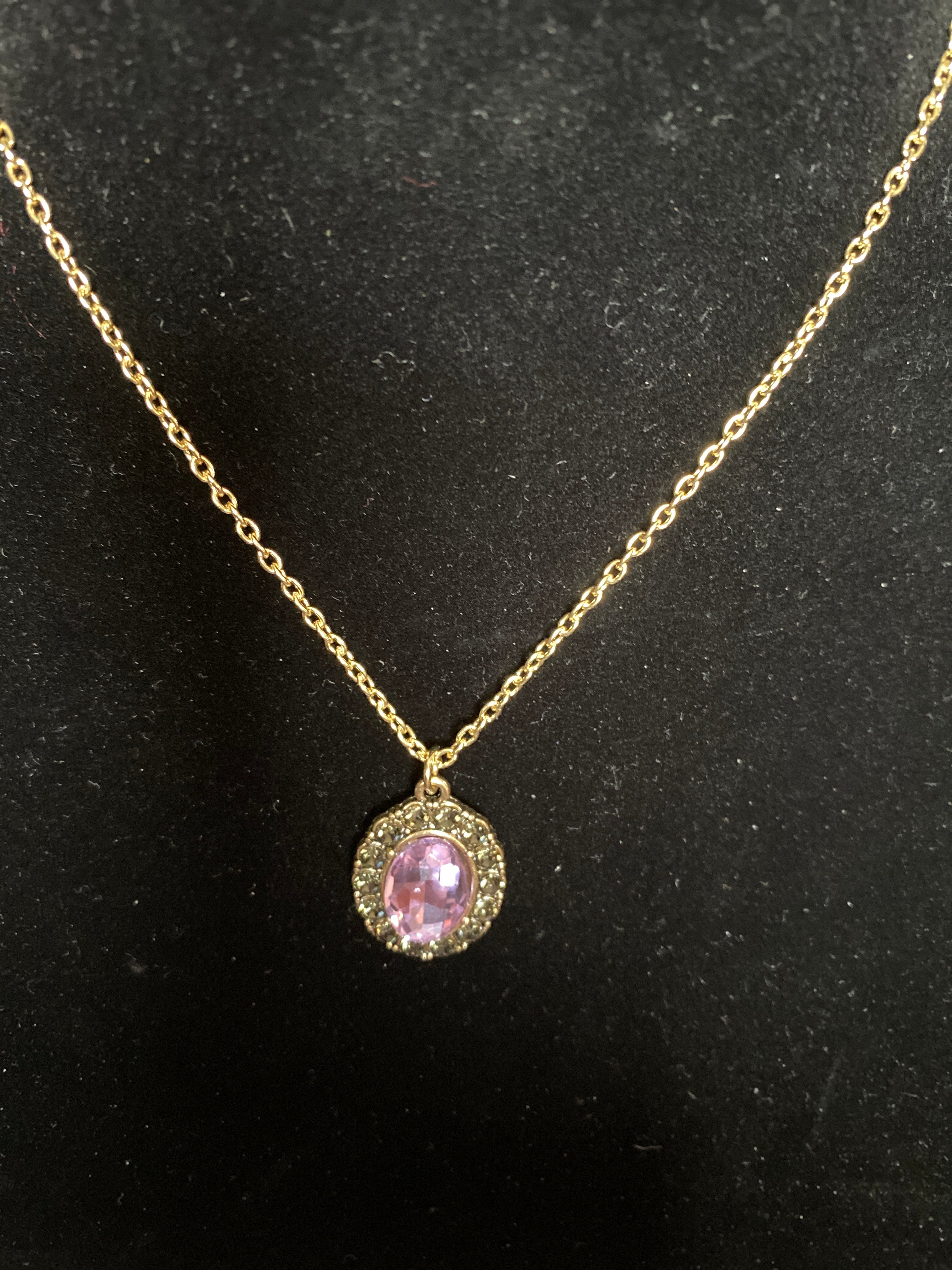 Purple and smoky Rhinestone pendant gold tone necklace