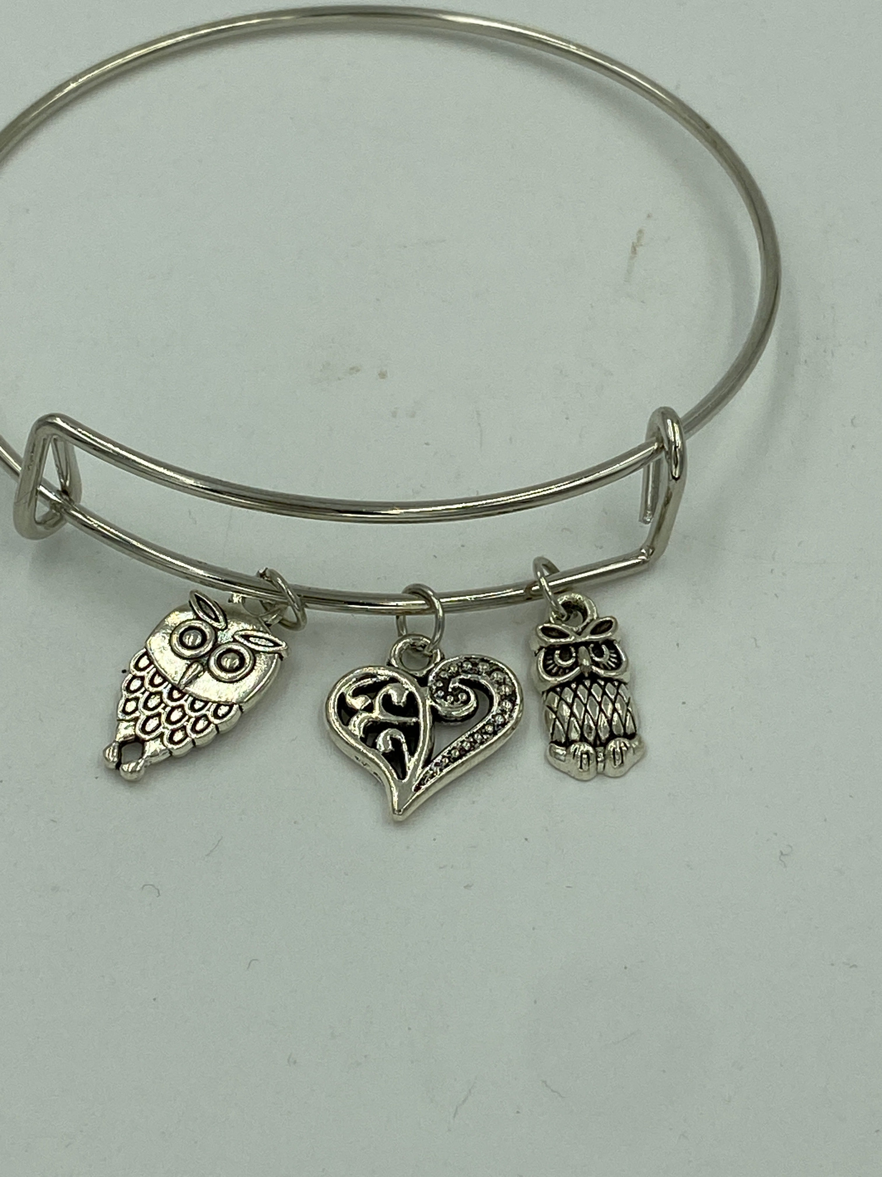 Bangle Charm Bracelet Silver Tone Owls Love