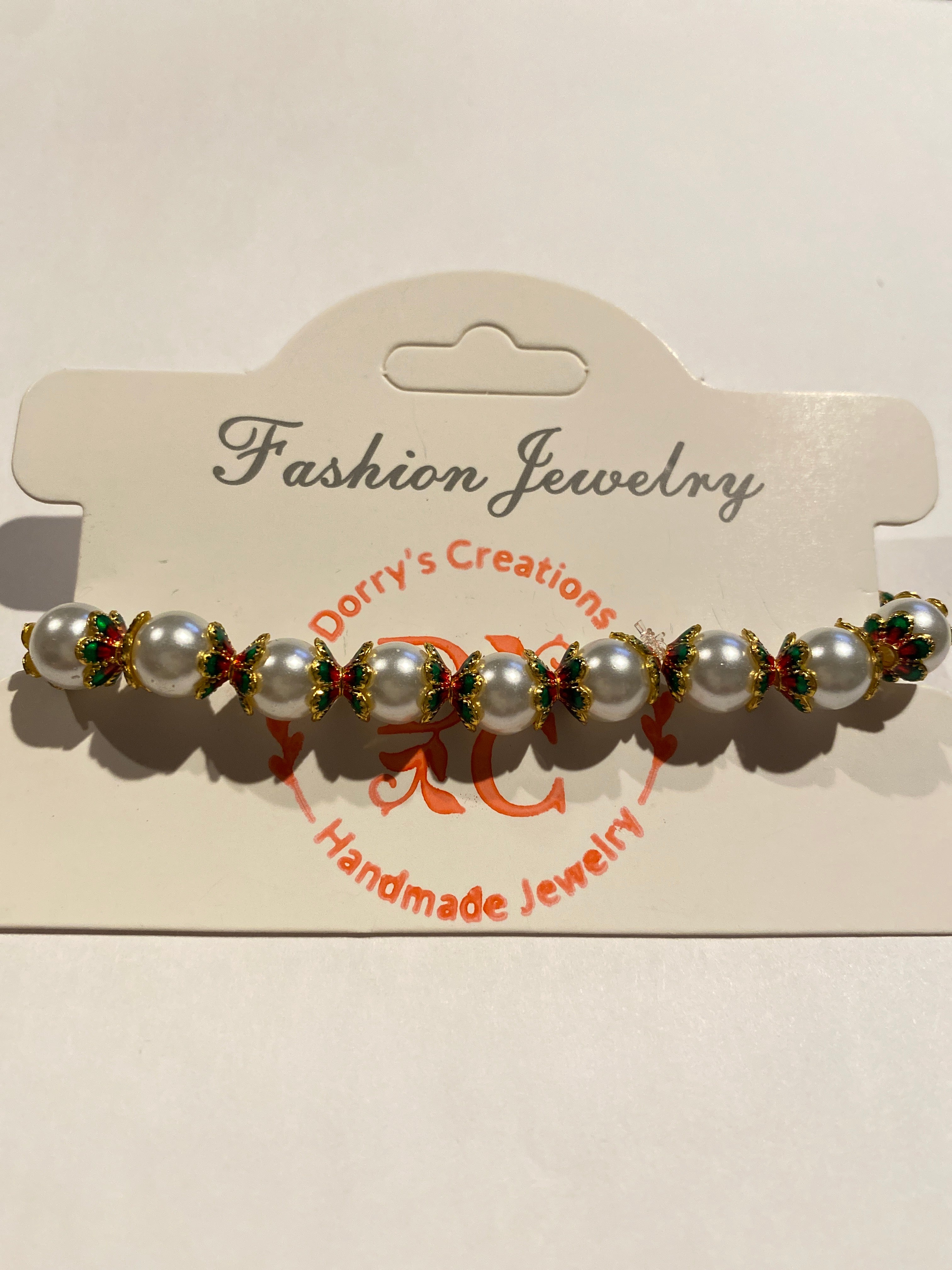 Pearl Bead Bracelet White with Gold, Green and Red accent
