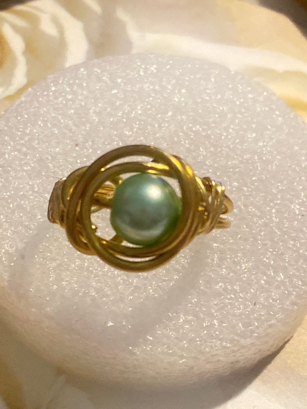 Hand Made Wire Ring Green Pearl Bead