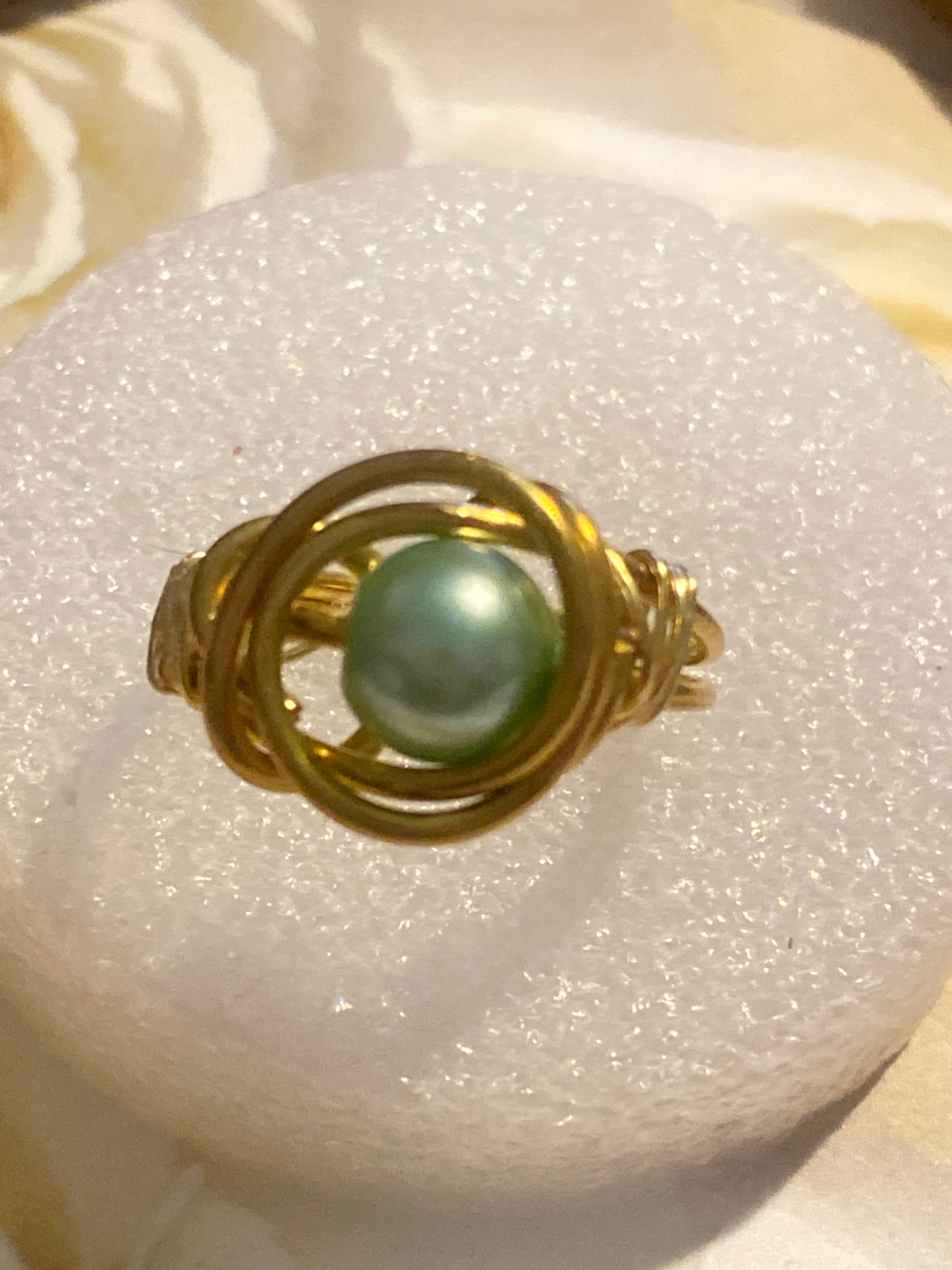 Hand Made Wire Ring Green Pearl Bead