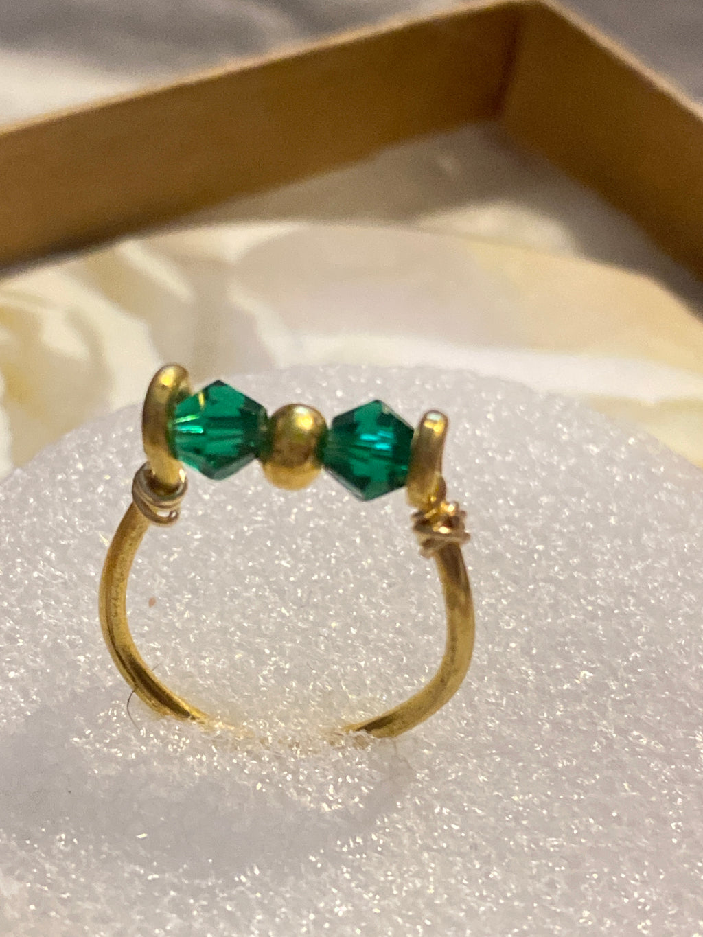Hand Made Ring with Green Rhinestones